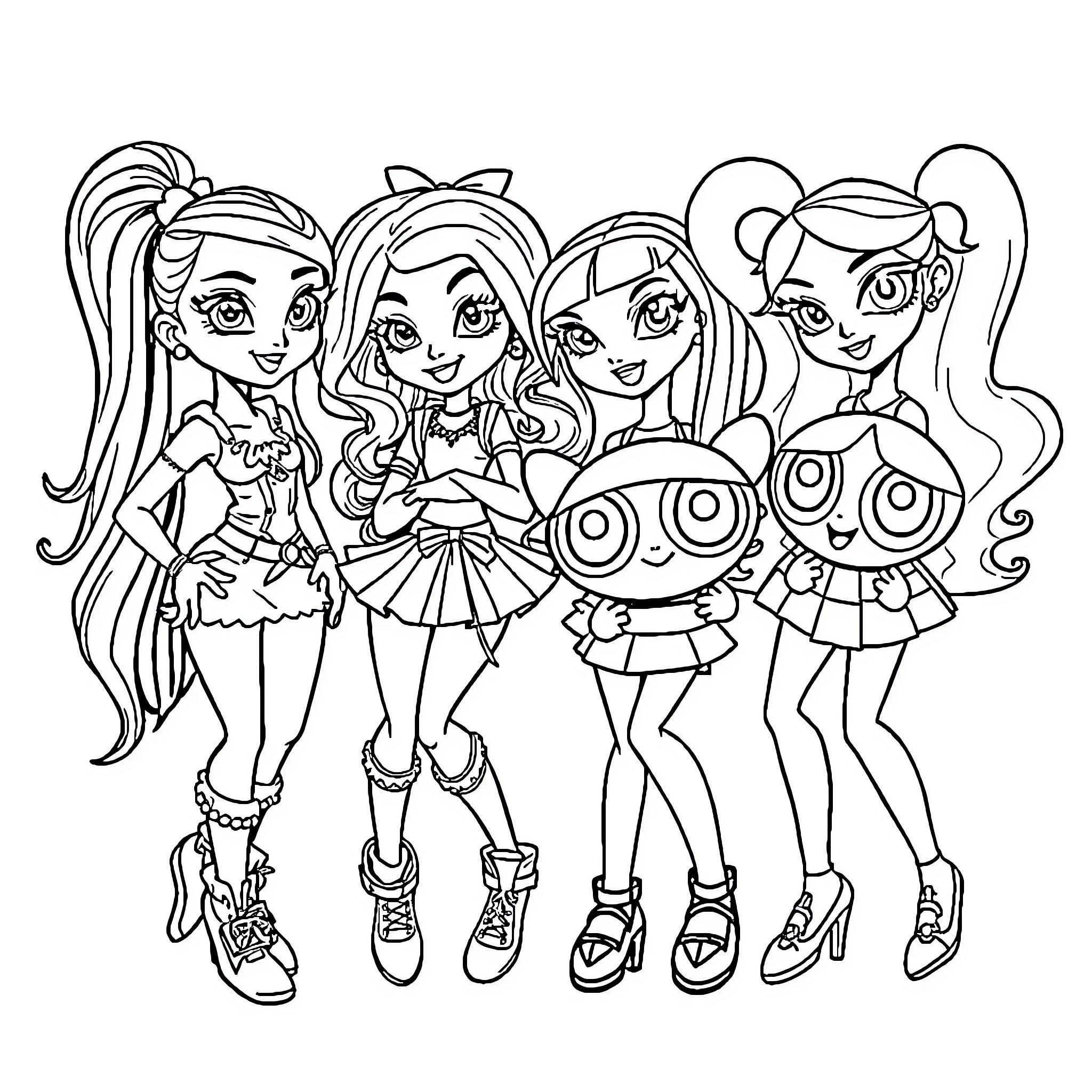 Bratz dolls posing in stylish outfits and poses Coloring Page (free black-and-white line drawing printable PDF for all, from beginners to advanced learners, including children, teens, adults, and seniors)