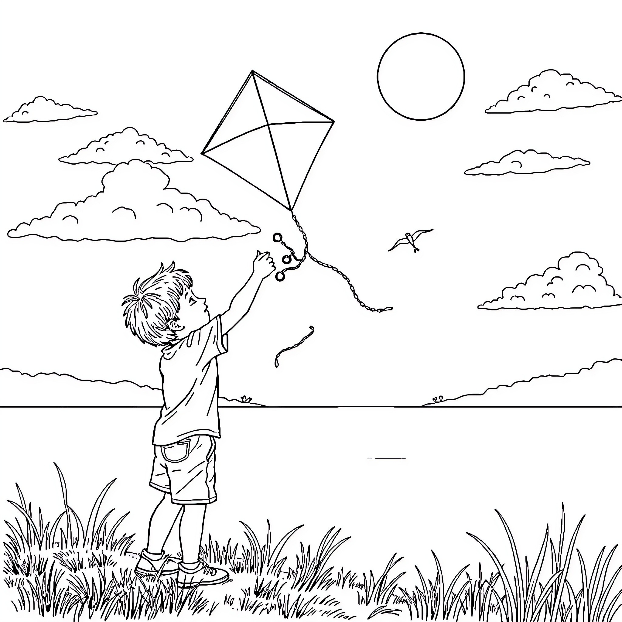 Boy flying kite in grassy field on sunny day Coloring Page (free black-and-white line drawing printable PDF for all, from beginners to advanced learners, including children, teens, adults, and seniors)