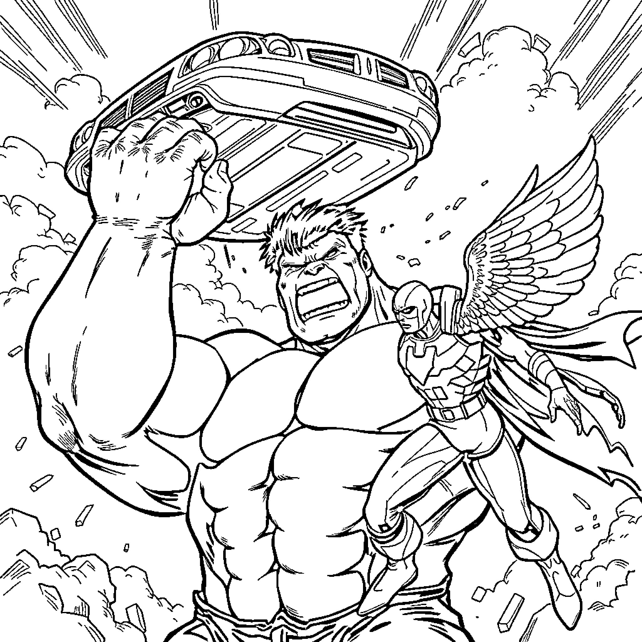 Hulk lifting an aircraft with winged warrior Coloring Page (free black-and-white line drawing printable PDF for all, from beginners to advanced learners, including children, teens, adults, and seniors)