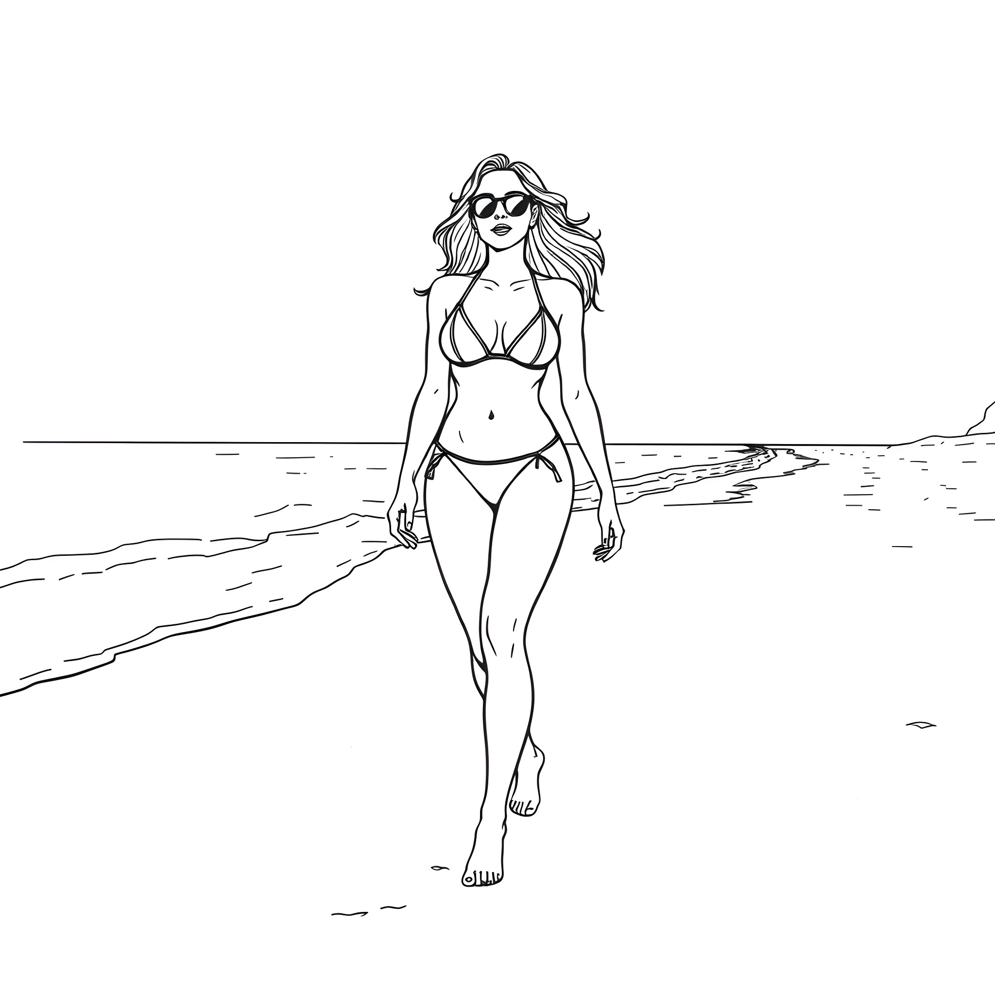 Latina woman walking confidently on the beach Coloring Page (free black-and-white line drawing printable PDF for all, from beginners to advanced learners, including children, teens, adults, and seniors)