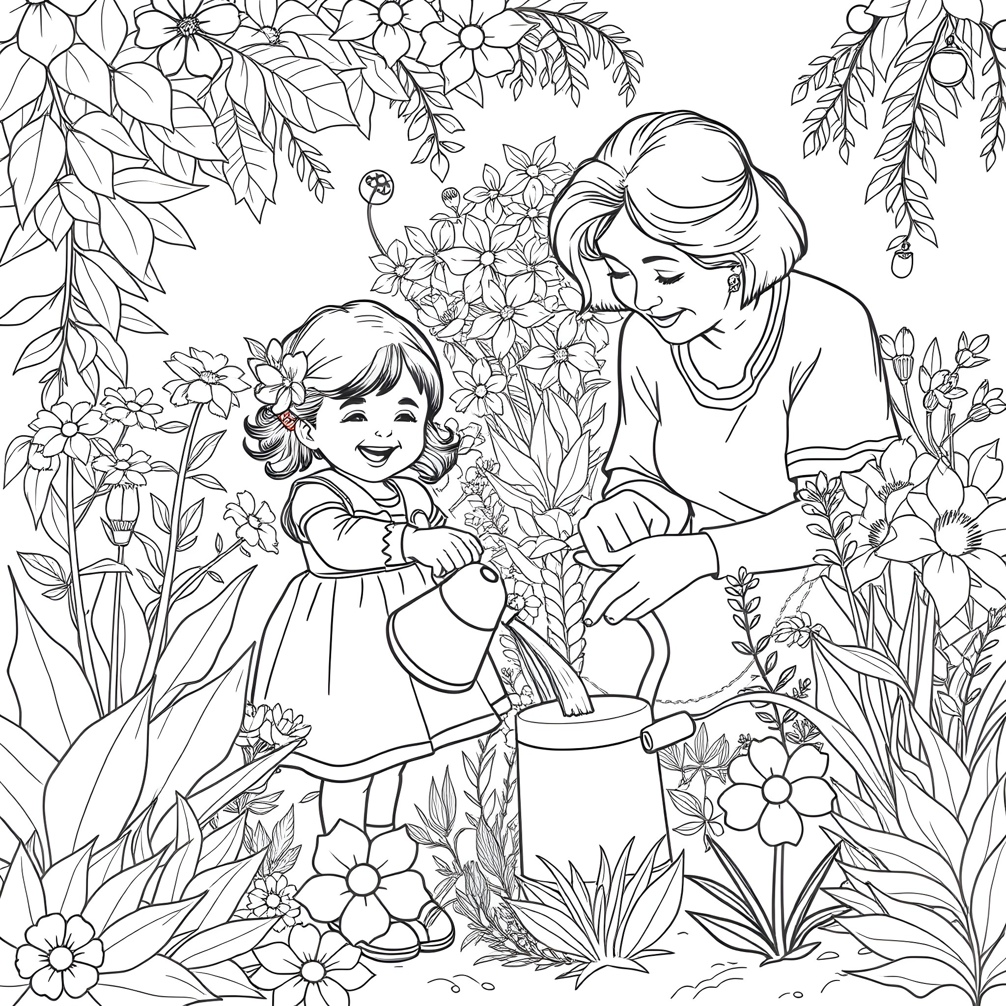 Girl and mother gardening in a floral wonderland Coloring Page (free black-and-white line drawing printable PDF for all, from beginners to advanced learners, including children, teens, adults, and seniors)