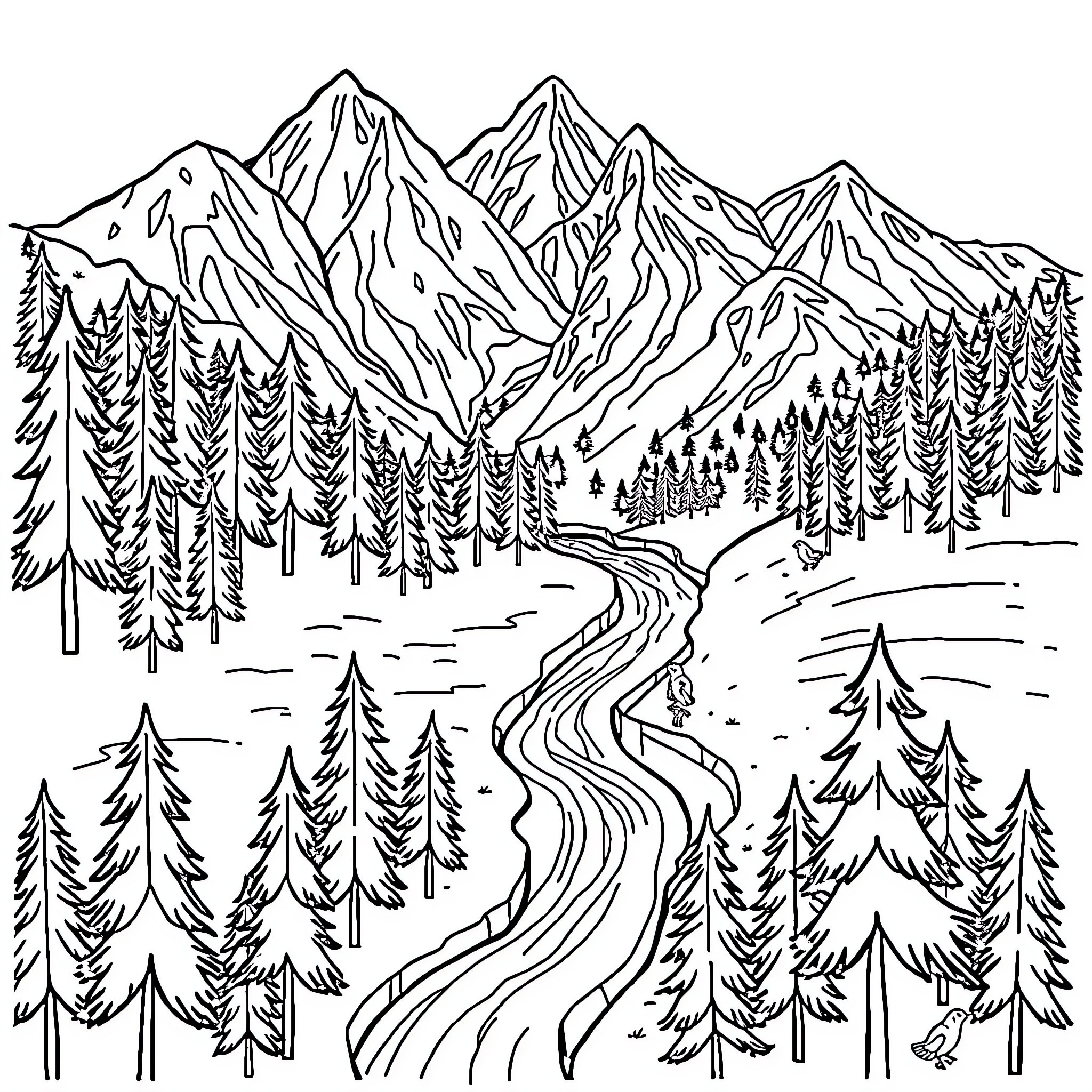 Map of Majestic Mountain Landscape with Winding Path Coloring Page (free black-and-white line drawing printable PDF for all, from beginners to advanced learners, including children, teens, adults, and seniors)