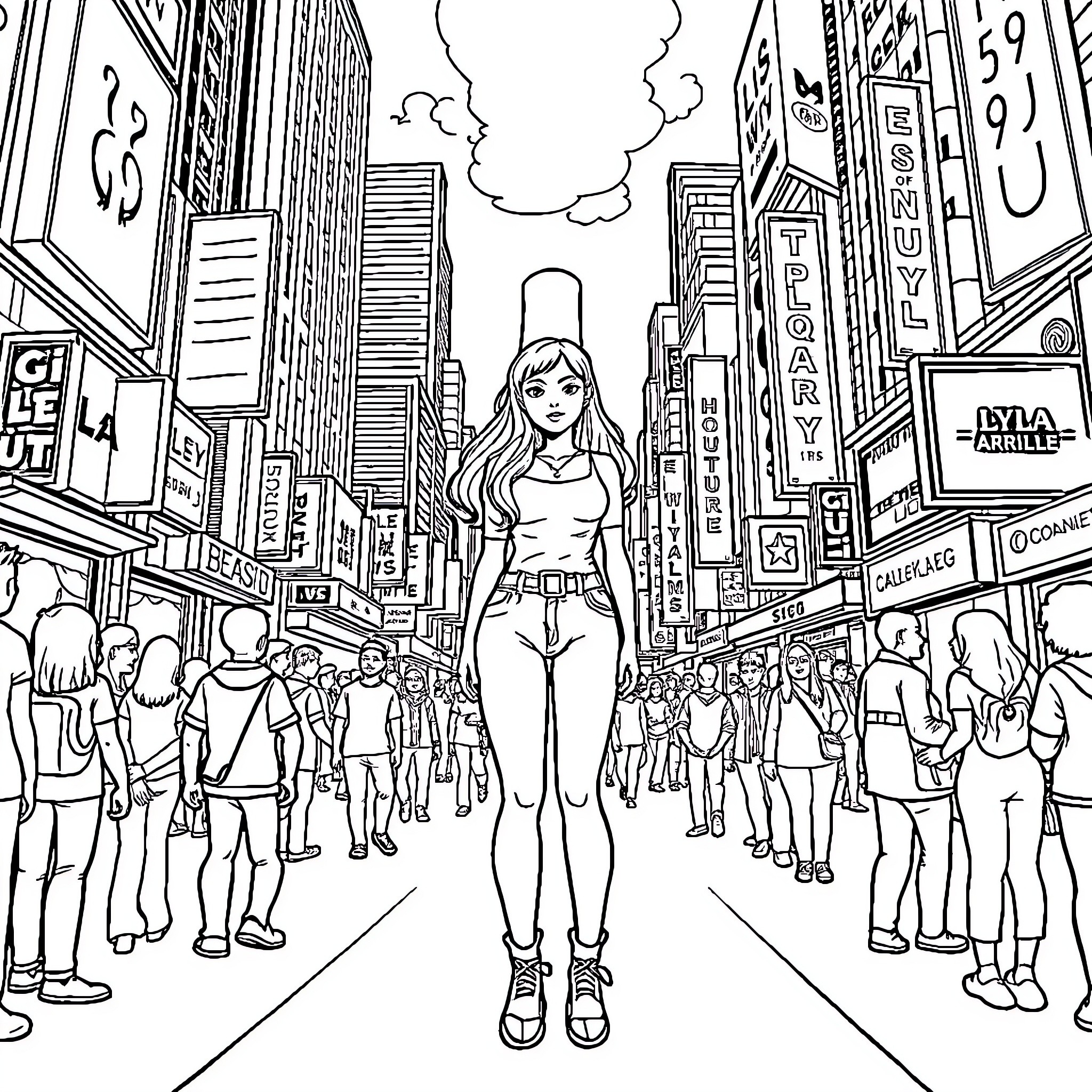 Lyla Exploring the Bustling City Streets Coloring Page (free black-and-white line drawing printable PDF for all, from beginners to advanced learners, including children, teens, adults, and seniors)