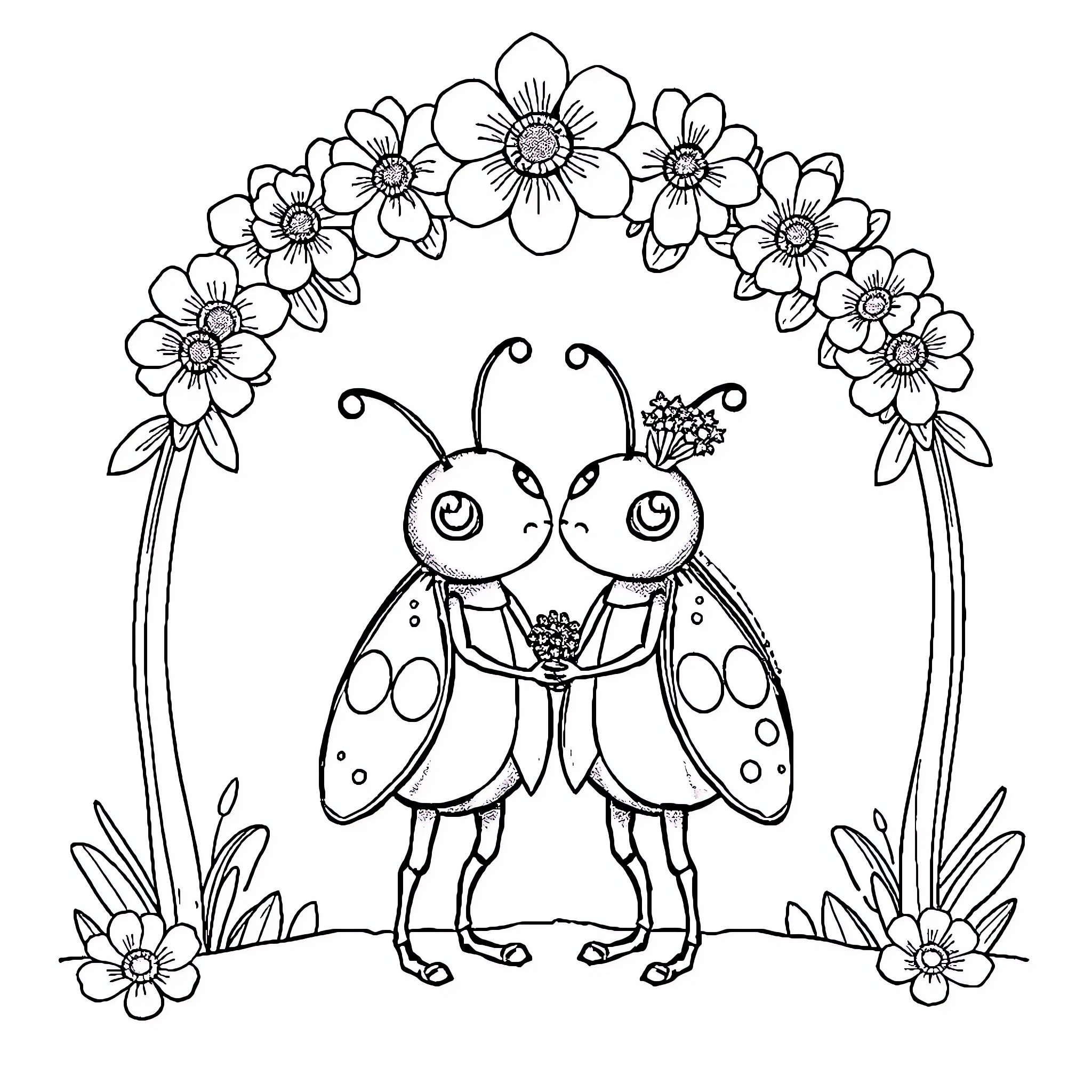 Bug couple in floral arch Coloring Page (free black-and-white line drawing printable PDF for all, from beginners to advanced learners, including children, teens, adults, and seniors)