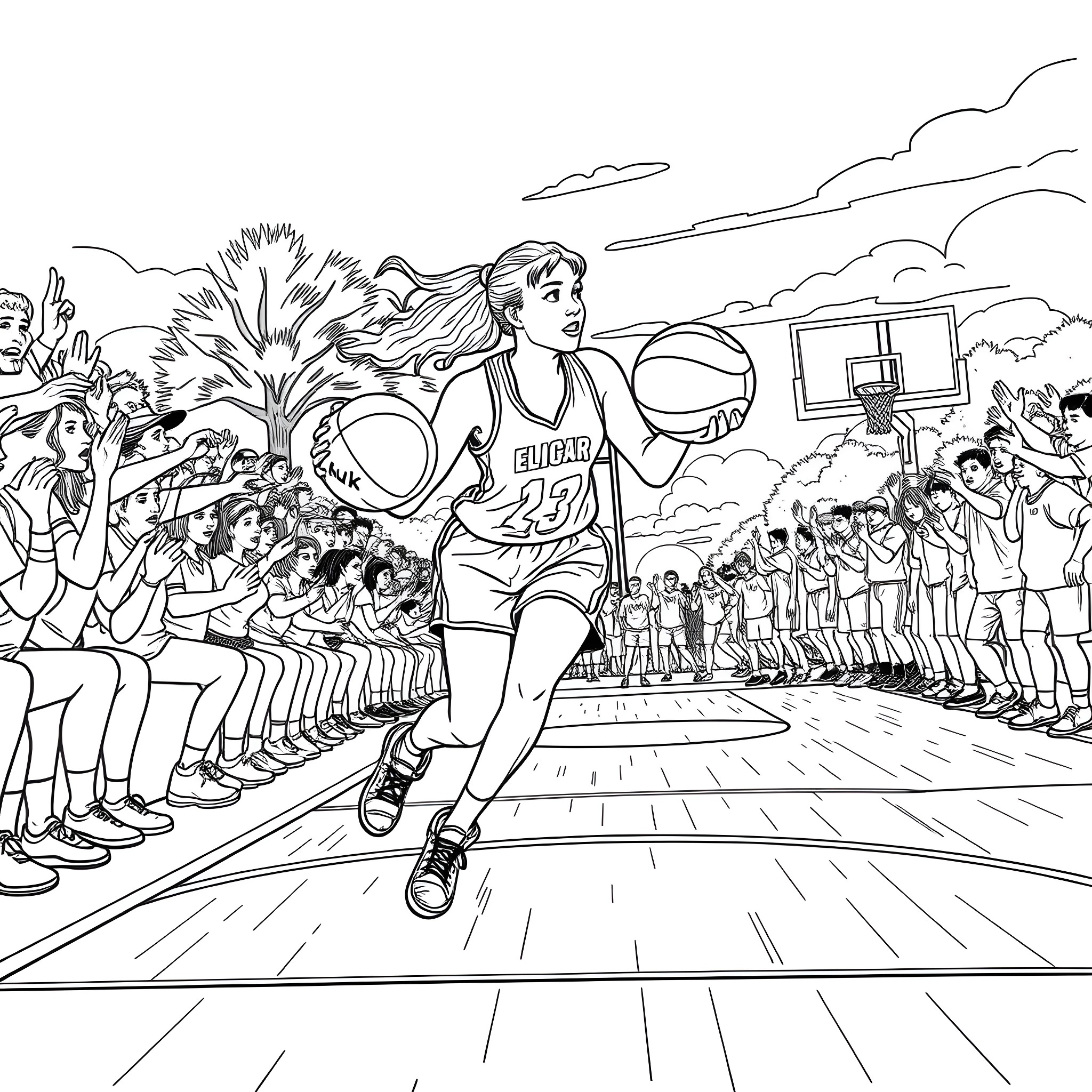Sabrina Carpenter playing basketball with fans cheering Coloring Page (free black-and-white line drawing printable PDF for all, from beginners to advanced learners, including children, teens, adults, and seniors)