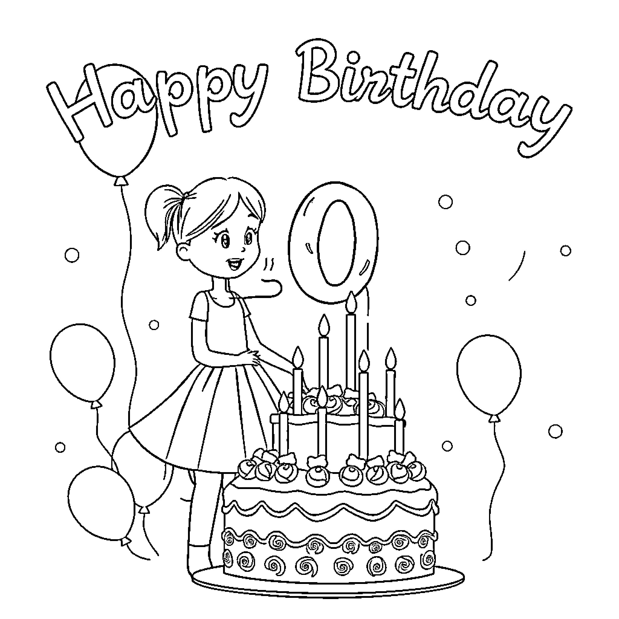 Birthday Girl Celebrating with Cake and Balloons Coloring Page (free black-and-white line drawing printable PDF for all, from beginners to advanced learners, including children, teens, adults, and seniors)