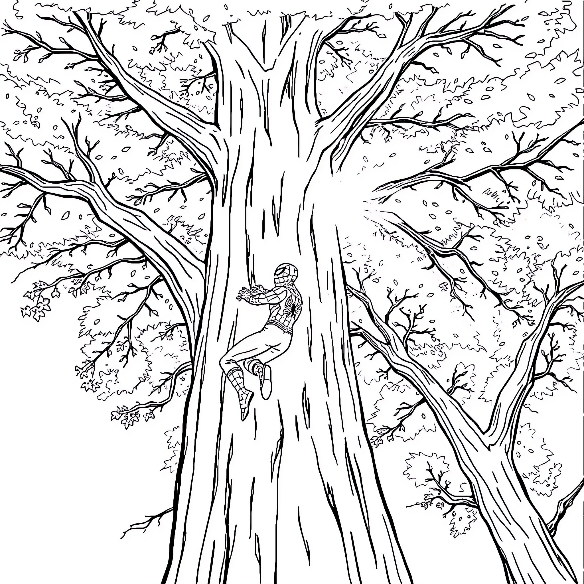 Spiderman Climbing Mysterious Tree in Forest Coloring Page (free black-and-white line drawing printable PDF for all, from beginners to advanced learners, including children, teens, adults, and seniors)