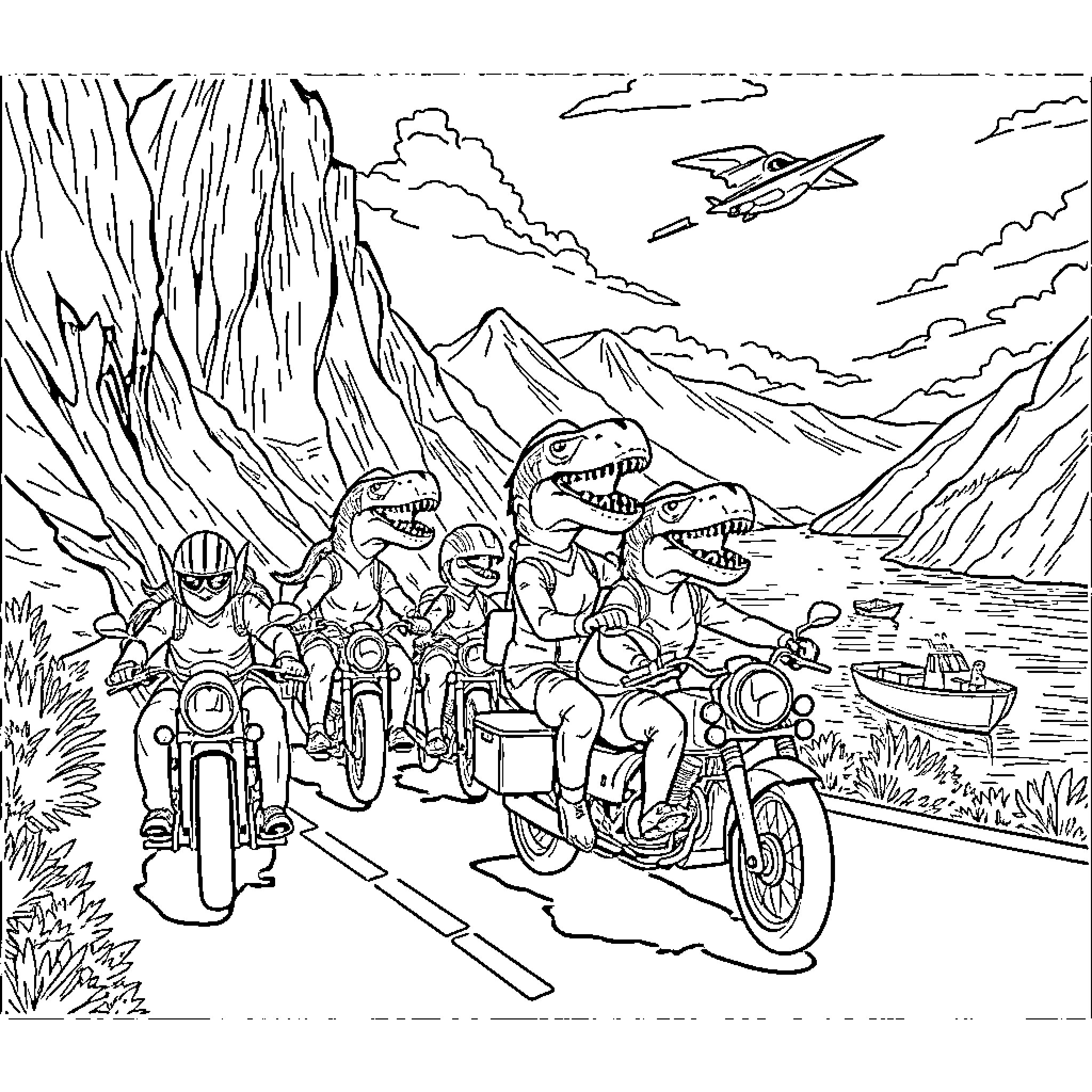 Tiranosaurio Rex Dinosaurs on Motorcycles in Scenic Landscape Coloring Page (free black-and-white line drawing printable PDF for all, from beginners to advanced learners, including children, teens, adults, and seniors)