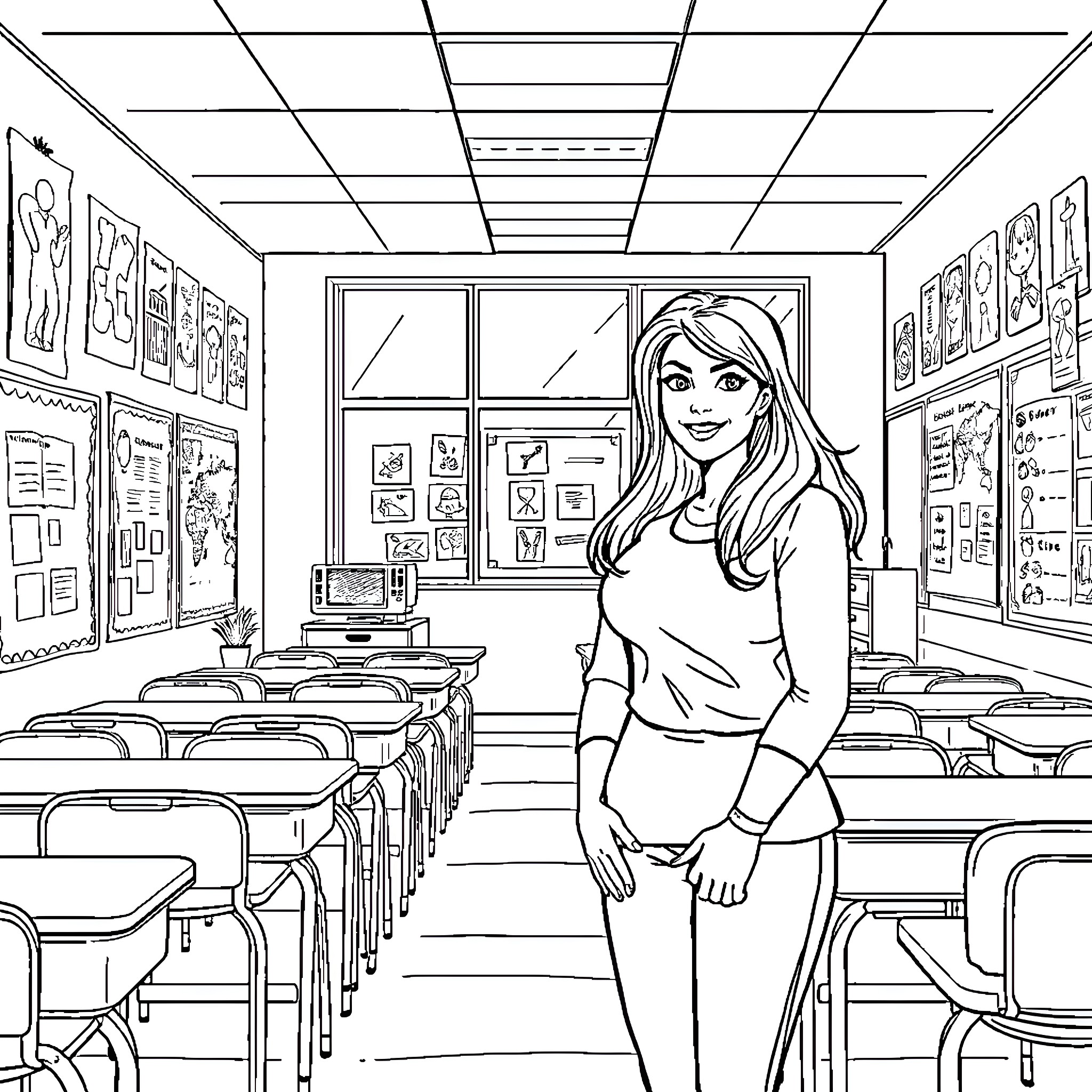Ms. Racheal's Inspiring Classroom Environment Coloring Page (free black-and-white line drawing printable PDF for all, from beginners to advanced learners, including children, teens, adults, and seniors)