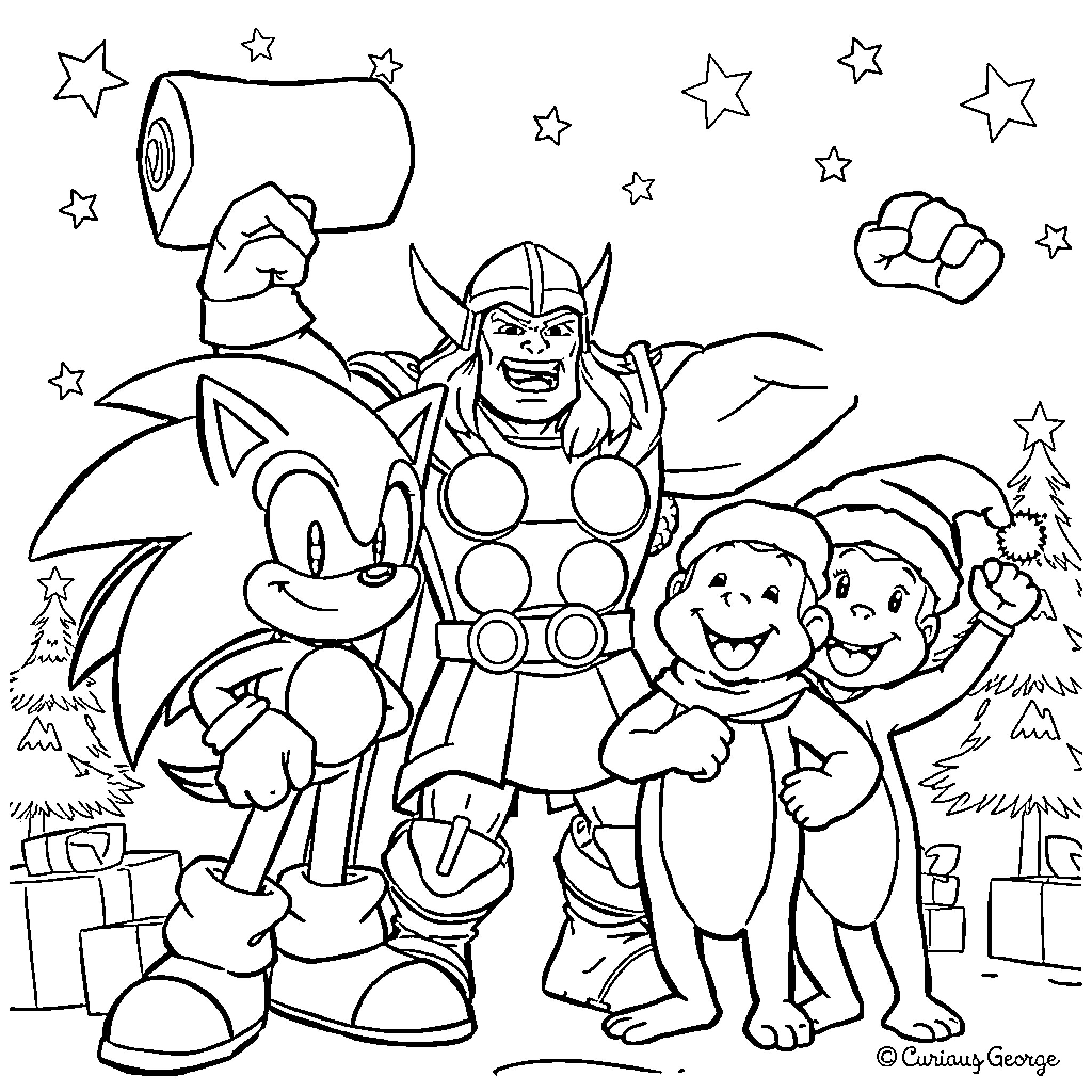 Sonic and Friends Celebrate with Vibrant Enthusiasm Coloring Page (free black-and-white line drawing printable PDF for all, from beginners to advanced learners, including children, teens, adults, and seniors)