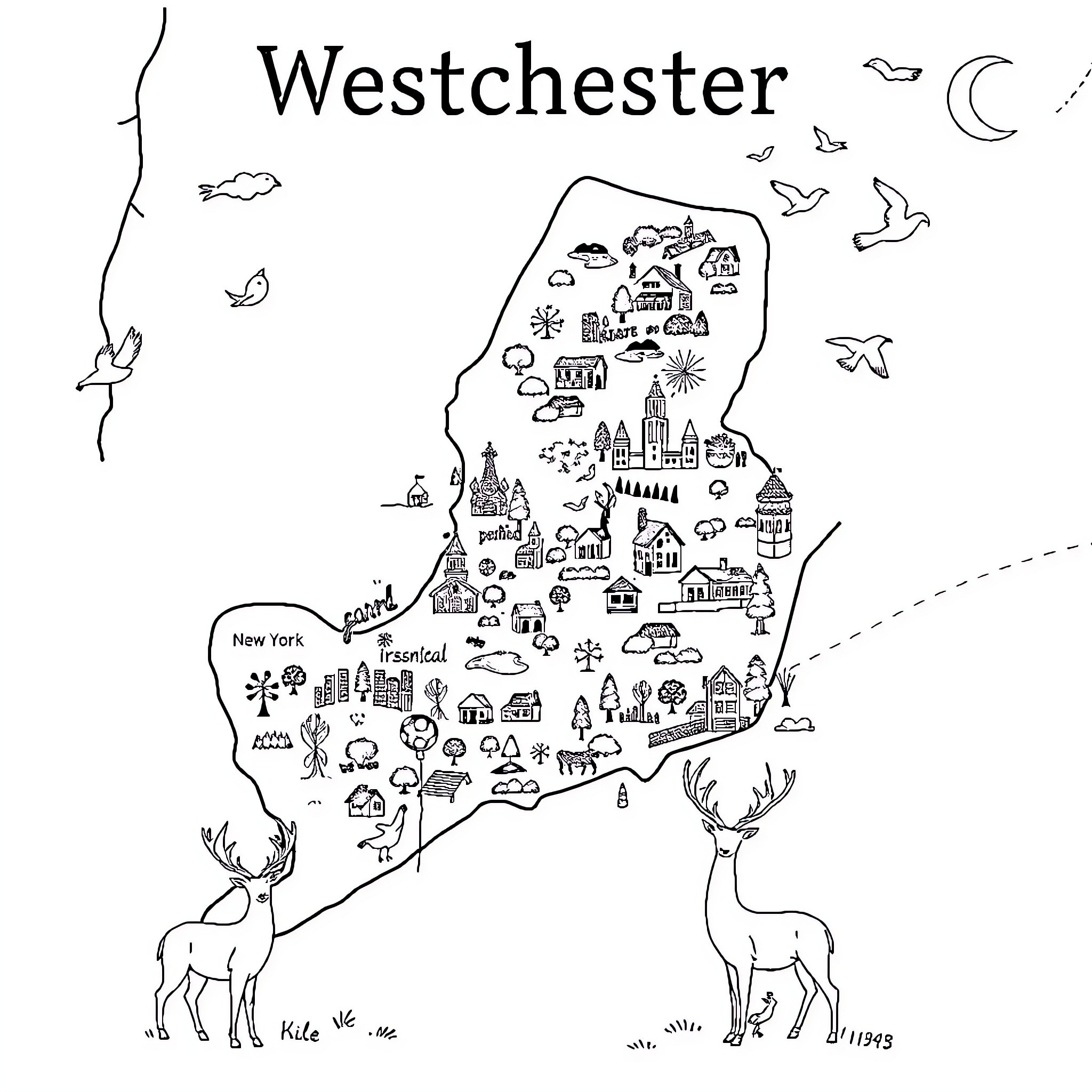 Map of Whimsical Westchester Landscape Coloring Page (free black-and-white line drawing printable PDF for all, from beginners to advanced learners, including children, teens, adults, and seniors)