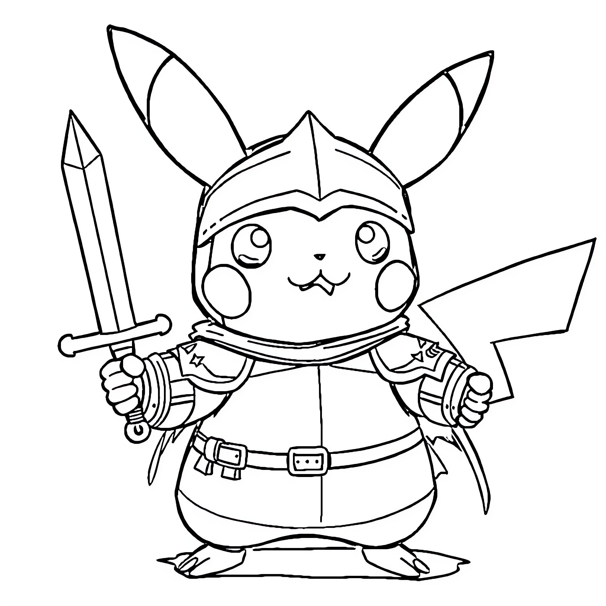 Pikachu dressed as a valiant warrior Coloring Page (free black-and-white line drawing printable PDF for all, from beginners to advanced learners, including children, teens, adults, and seniors)