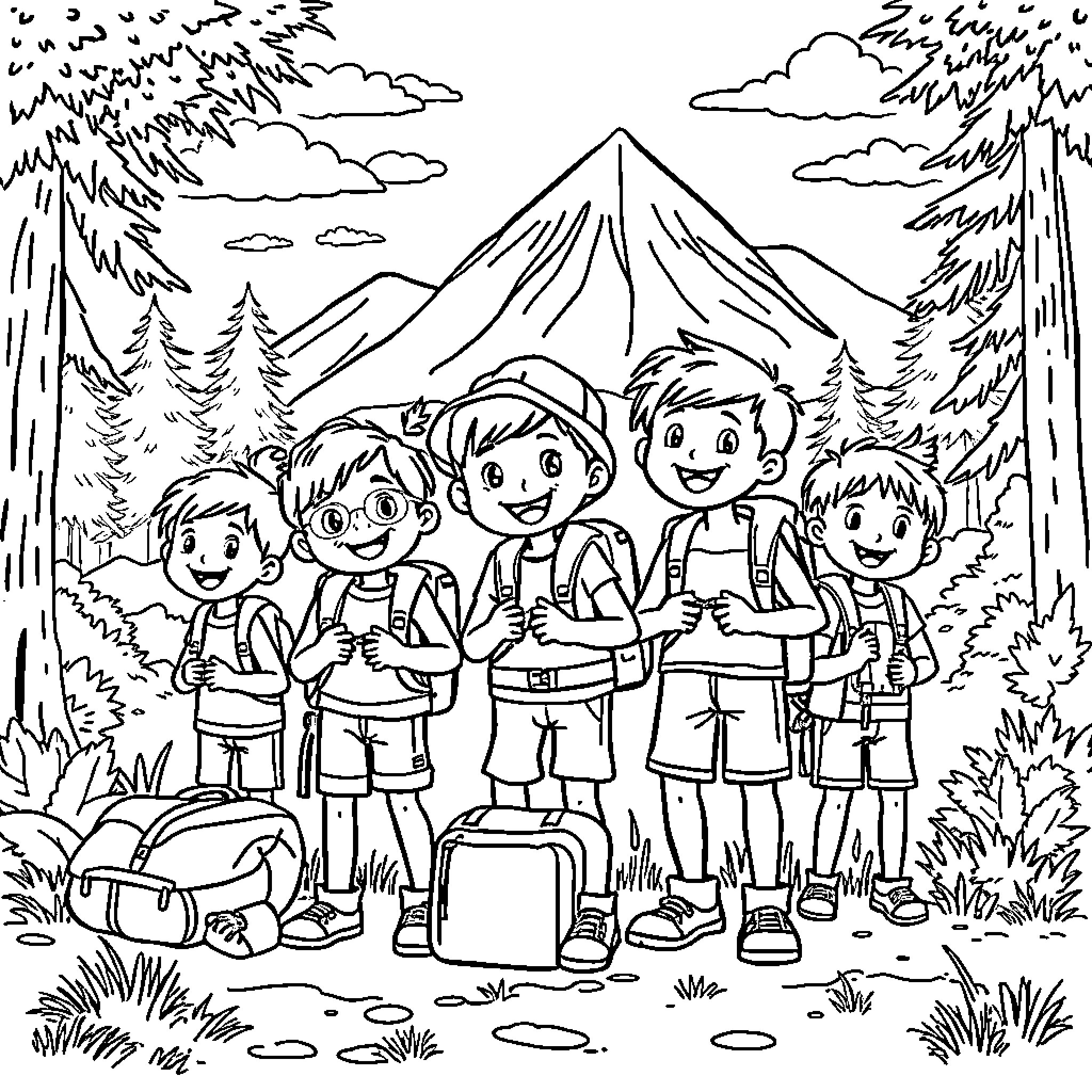 Kids hiking in the mountains Coloring Page (free black-and-white line drawing printable PDF for all, from beginners to advanced learners, including children, teens, adults, and seniors)