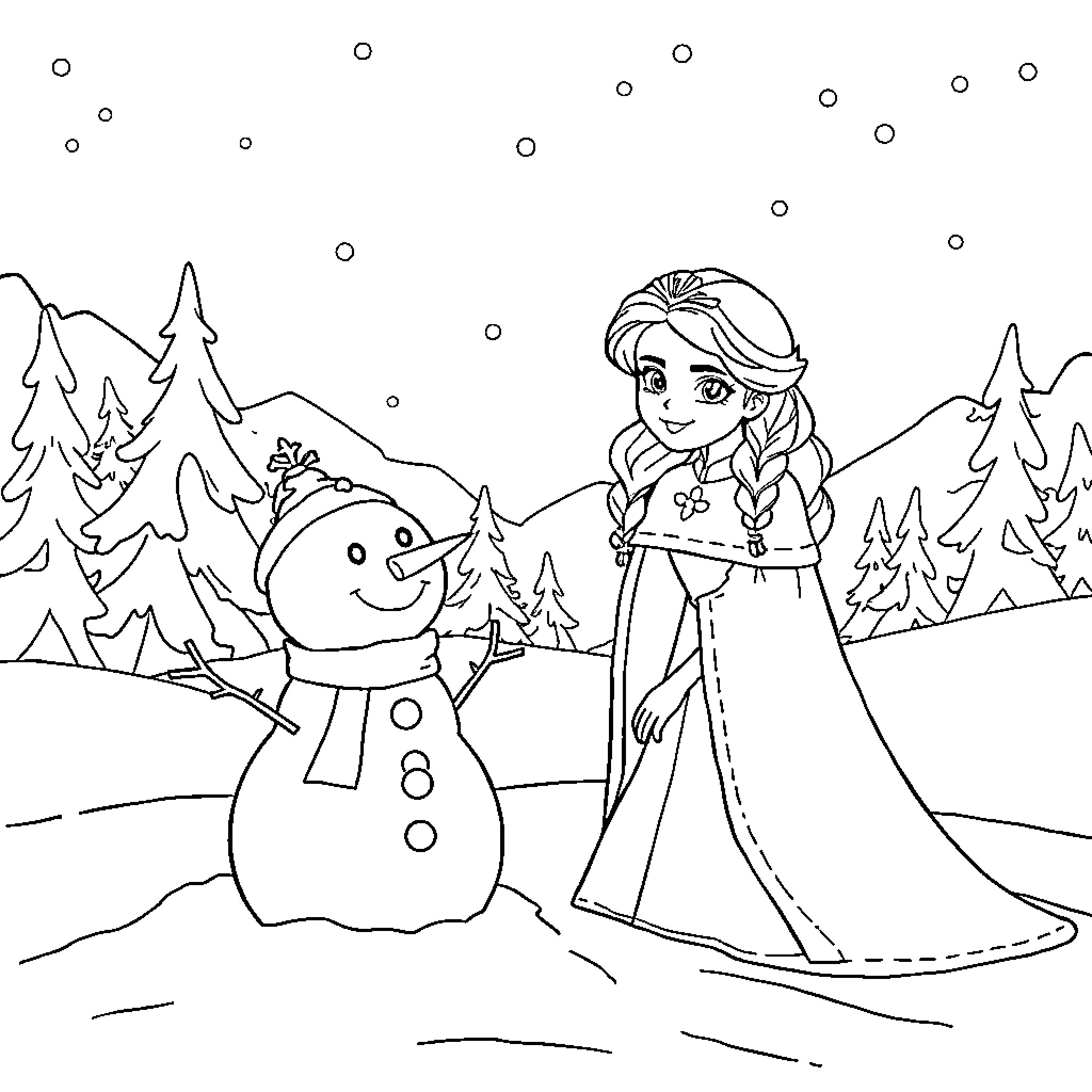 Queen and Snowman Enjoying Winter Wonderland Coloring Page (free black-and-white line drawing printable PDF for all, from beginners to advanced learners, including children, teens, adults, and seniors)