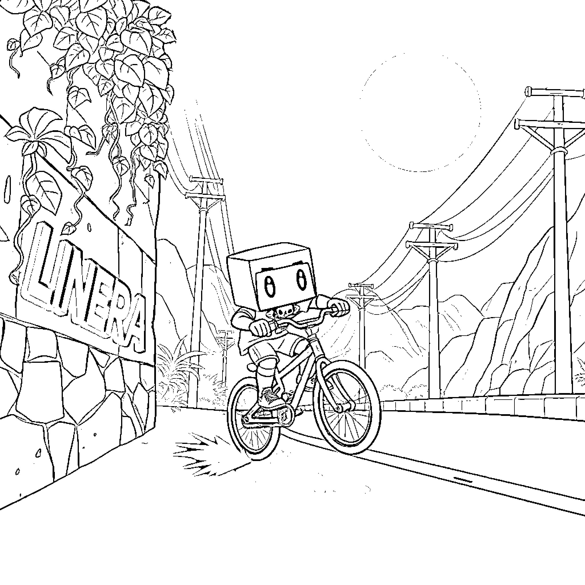 Box-Headed Character Riding Bicycle on City Street Coloring Page (free black-and-white line drawing printable PDF for all, from beginners to advanced learners, including children, teens, adults, and seniors)