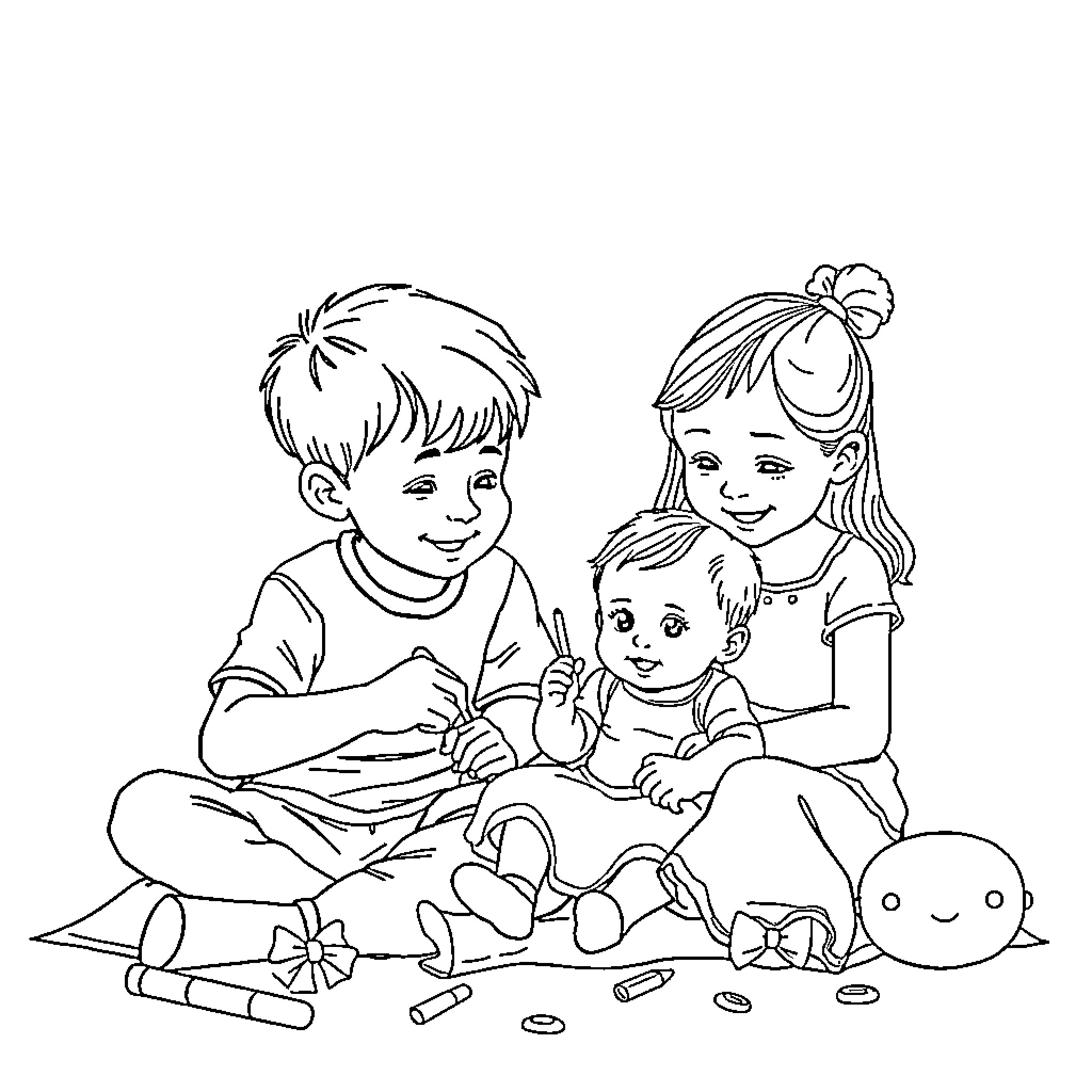 Brother and Sister Playing with Toys Together Coloring Page (free black-and-white line drawing printable PDF for all, from beginners to advanced learners, including children, teens, adults, and seniors)