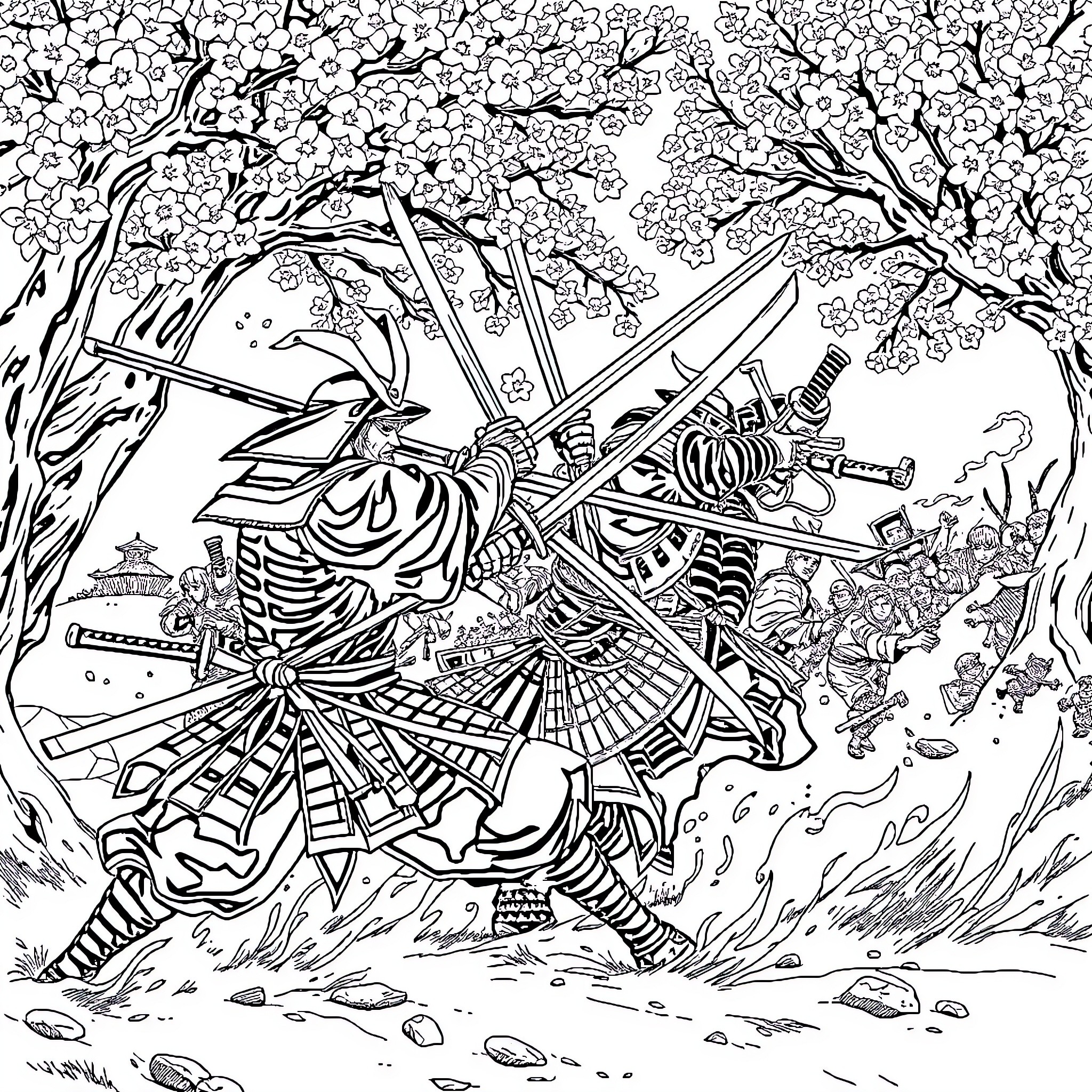 Samurai warrior in fierce battle amidst nature Coloring Page (free black-and-white line drawing printable PDF for all, from beginners to advanced learners, including children, teens, adults, and seniors)