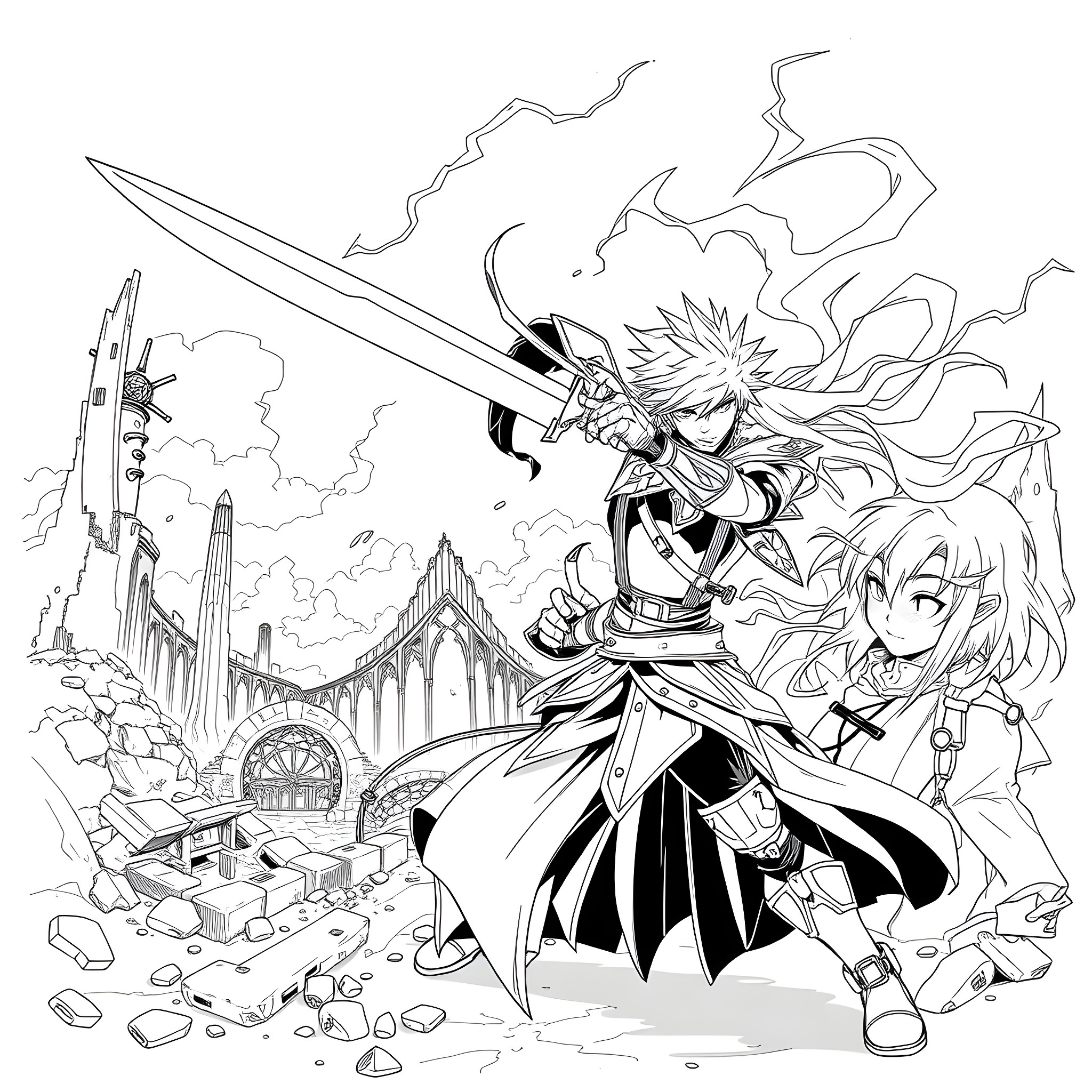 Cloud Warriors Clashing in Epic Battle Coloring Page (free black-and-white line drawing printable PDF for all, from beginners to advanced learners, including children, teens, adults, and seniors)