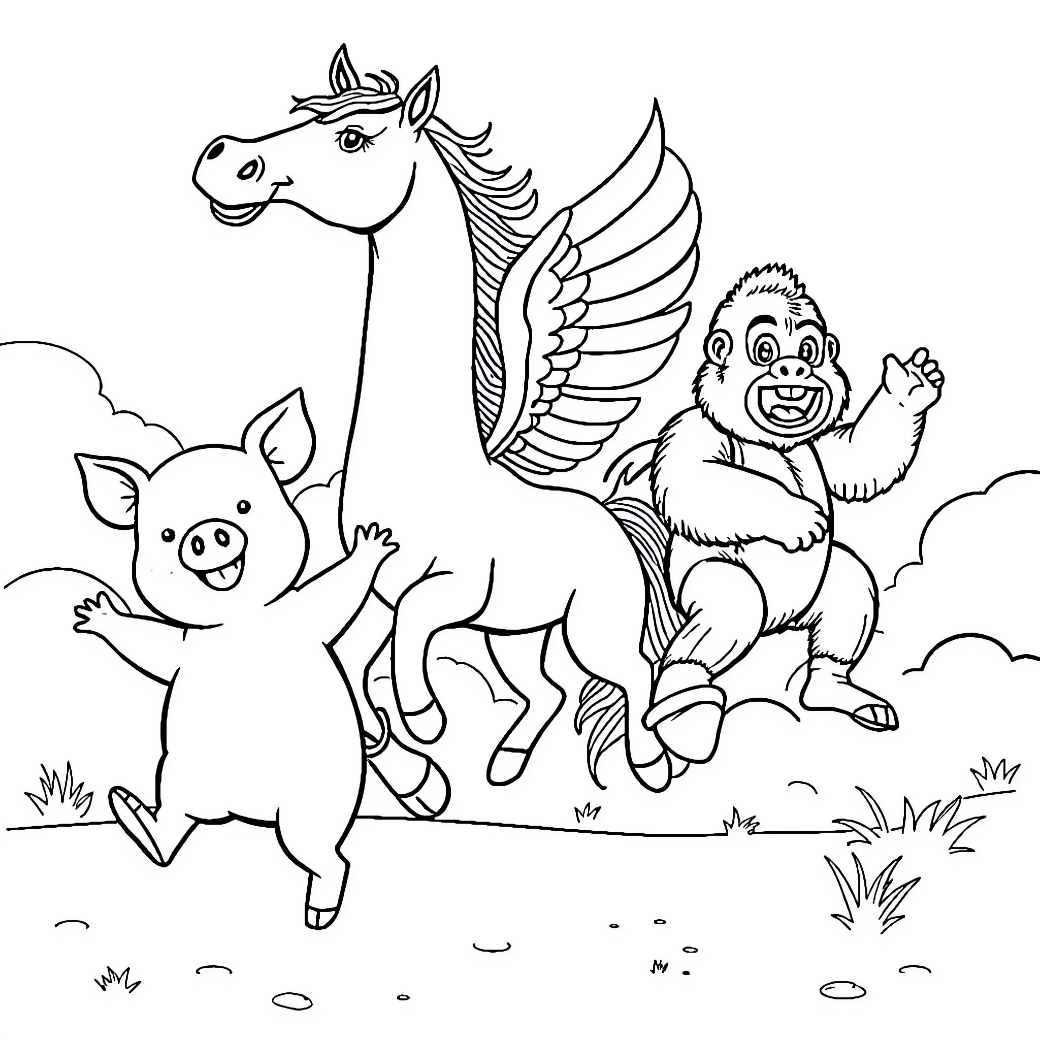 Pig and Winged Horse Playing Happily Outdoors Coloring Page (free black-and-white line drawing printable PDF for all, from beginners to advanced learners, including children, teens, adults, and seniors)