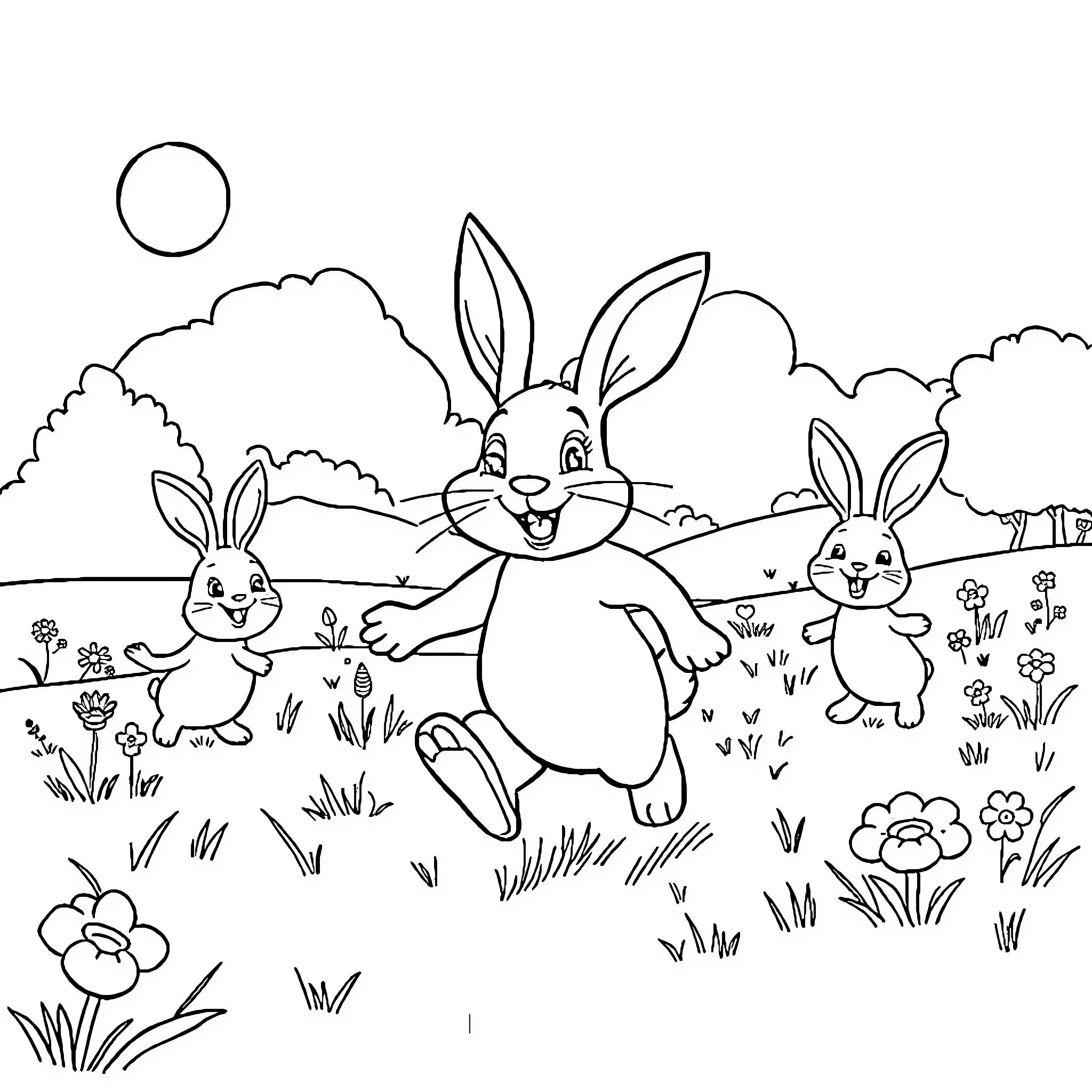 Rabbits enjoying a playful scene in the meadow Coloring Page (free black-and-white line drawing printable PDF for all, from beginners to advanced learners, including children, teens, adults, and seniors)