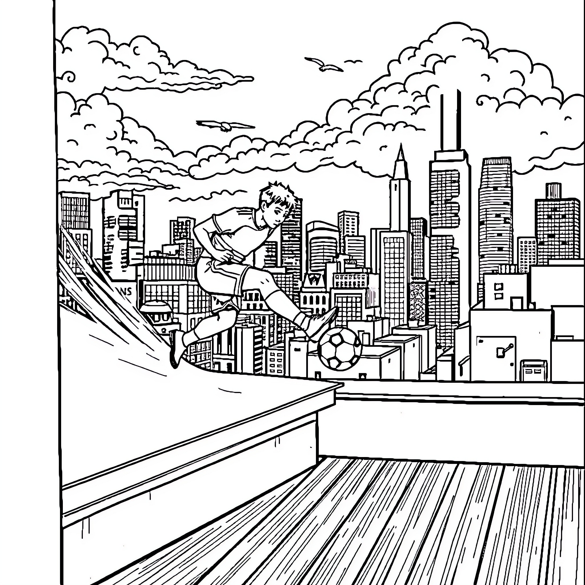Soccer Player kicking ball in city skyline Coloring Page (free black-and-white line drawing printable PDF for all, from beginners to advanced learners, including children, teens, adults, and seniors)