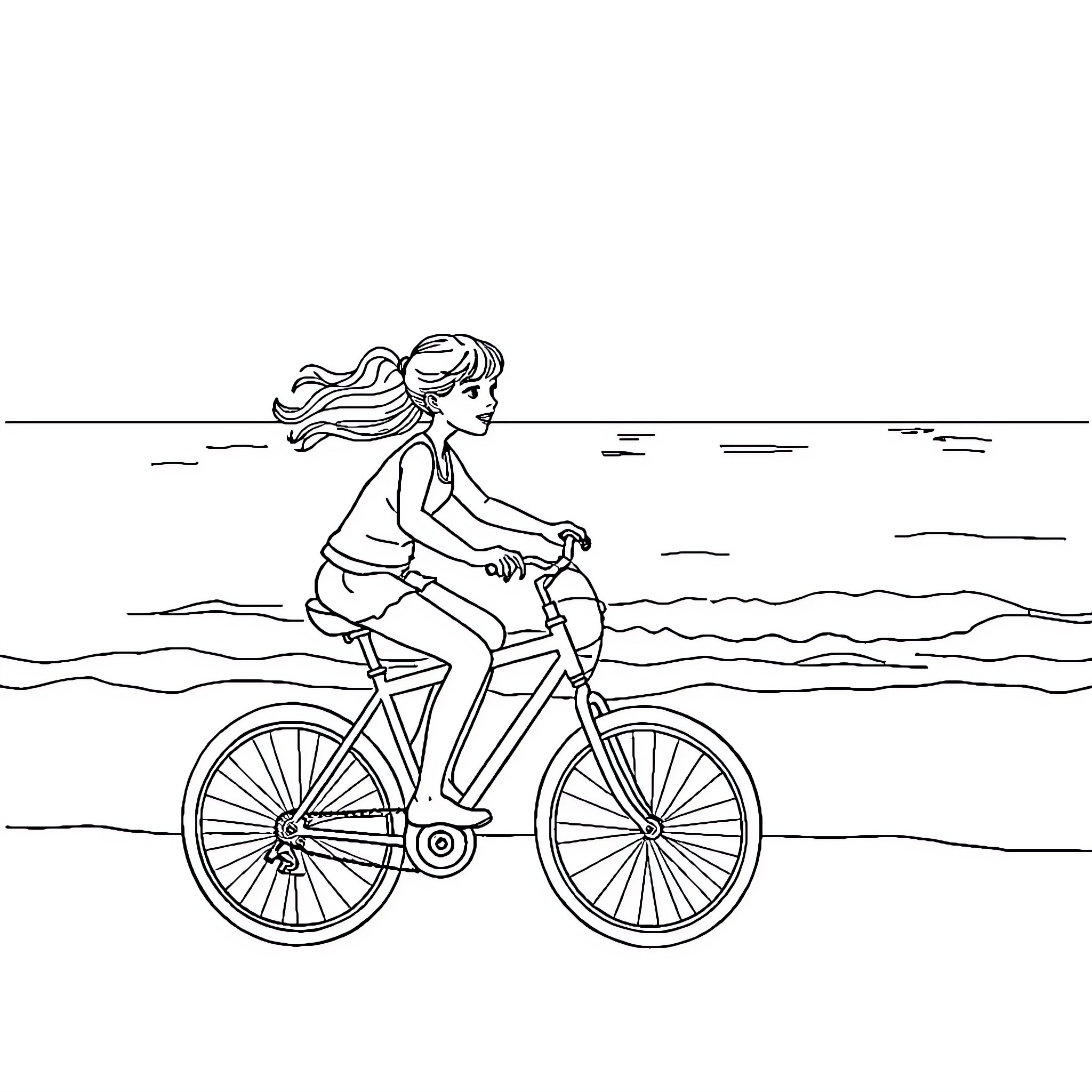 Girl riding bicycle by the sea Coloring Page (free black-and-white line drawing printable PDF for all, from beginners to advanced learners, including children, teens, adults, and seniors)