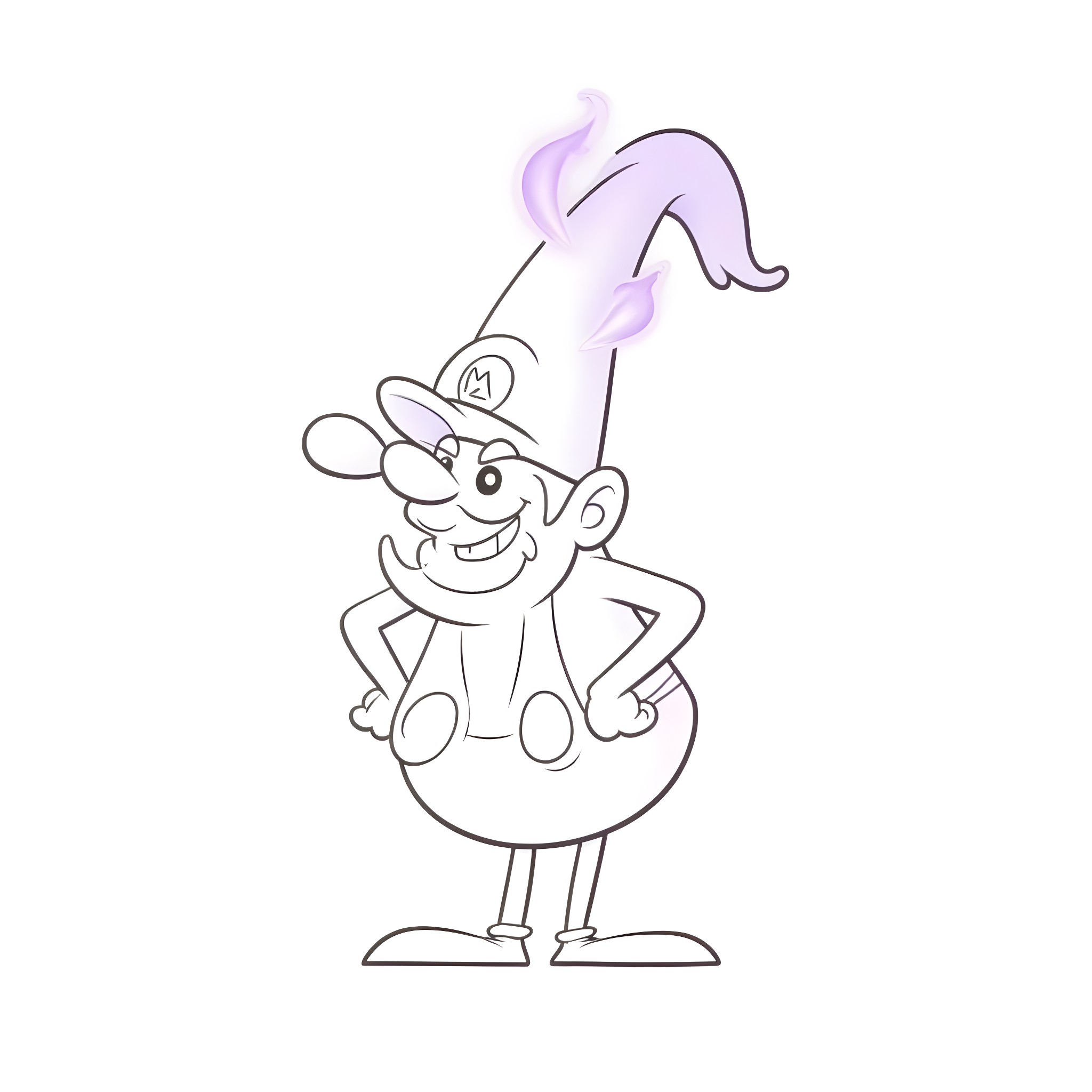 Waluigi dancing with excitement Coloring Page (free black-and-white line drawing printable PDF for all, from beginners to advanced learners, including children, teens, adults, and seniors)