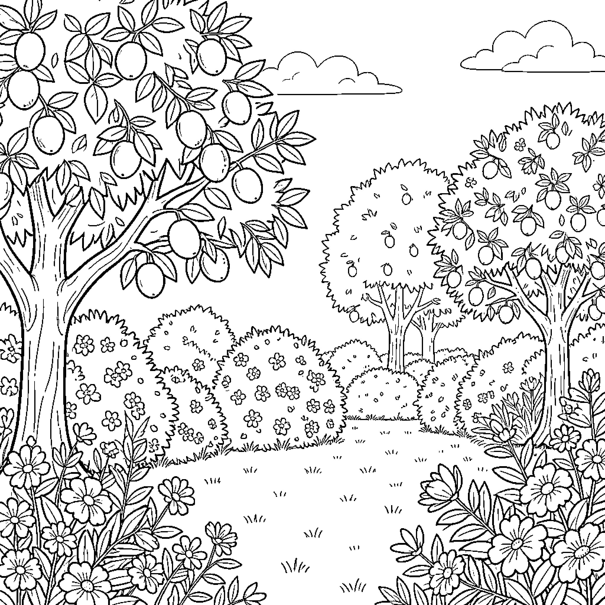Fruit trees growing in a lush garden landscape Coloring Page (free black-and-white line drawing printable PDF for all, from beginners to advanced learners, including children, teens, adults, and seniors)