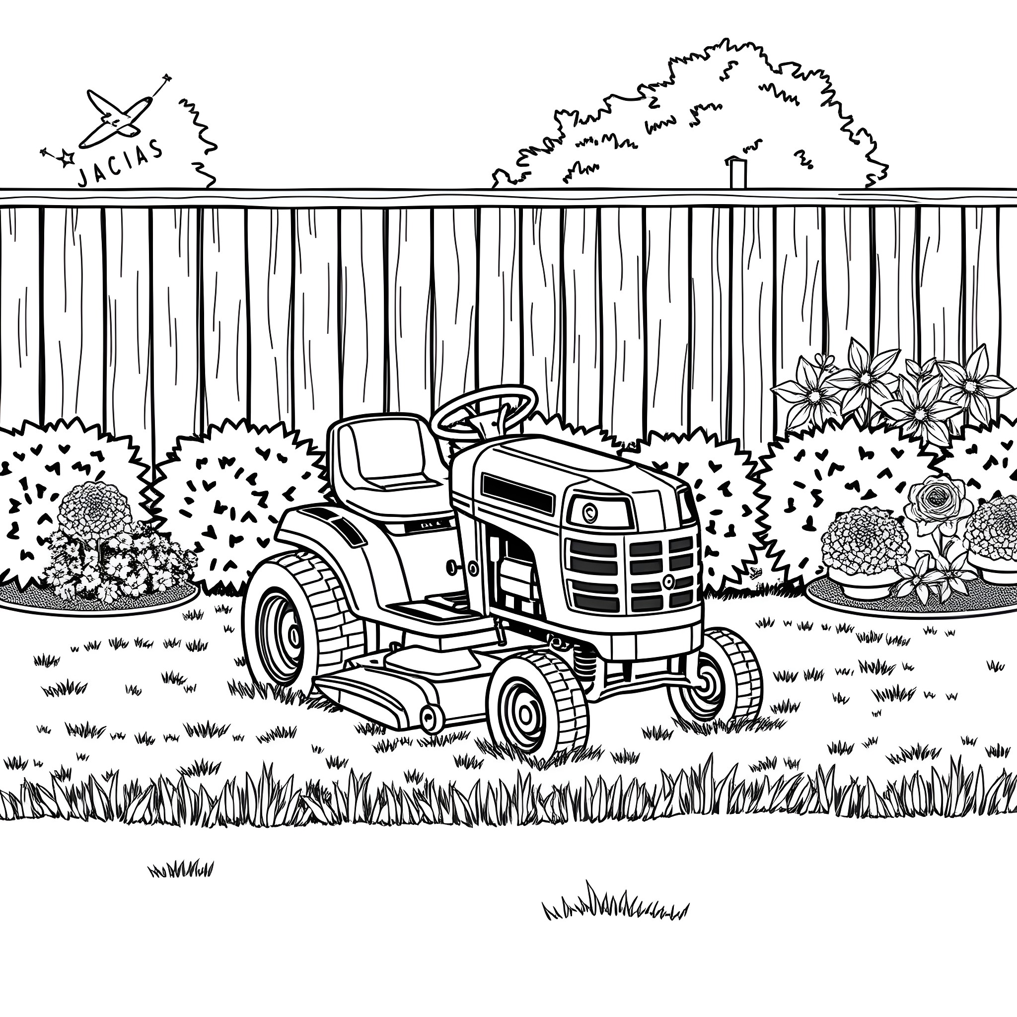 Riding Mower Tending to Lush Backyard Landscape Coloring Page (free black-and-white line drawing printable PDF for all, from beginners to advanced learners, including children, teens, adults, and seniors)