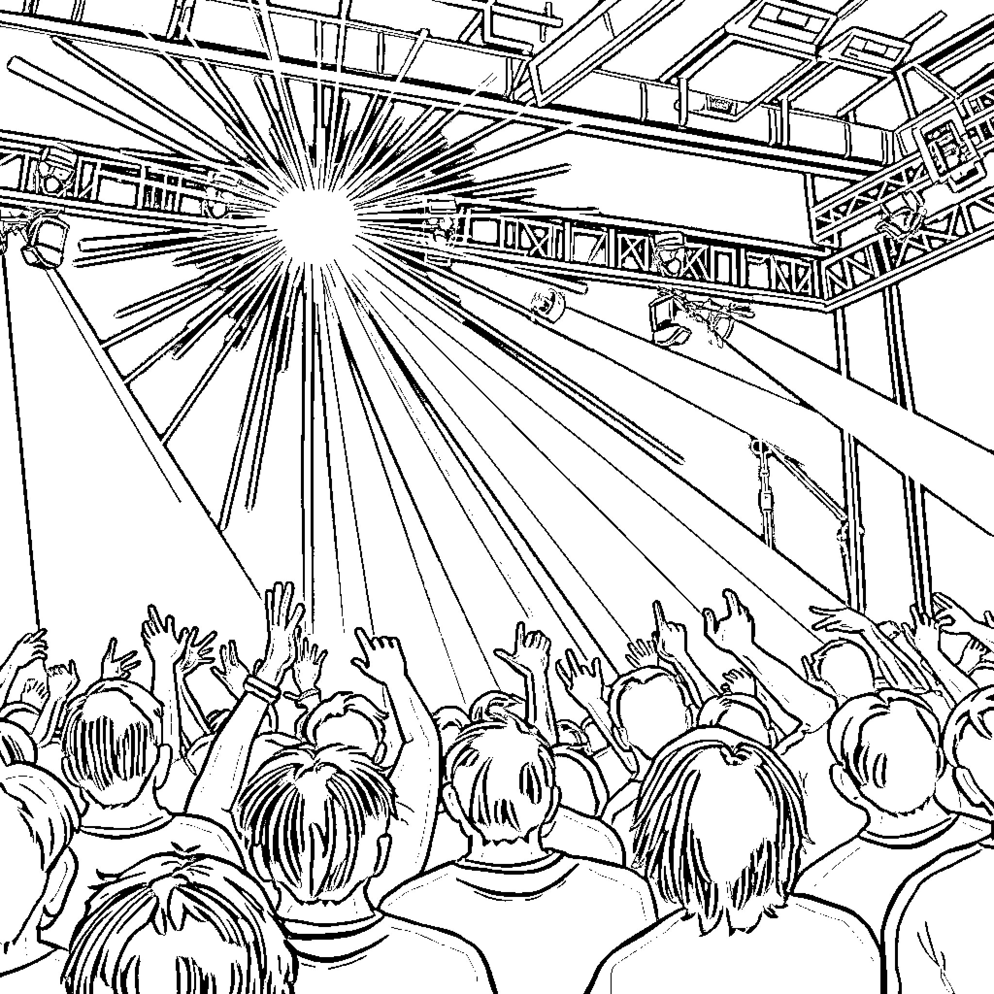 Stray Kids performing on stage with energetic crowd Coloring Page (free black-and-white line drawing printable PDF for all, from beginners to advanced learners, including children, teens, adults, and seniors)