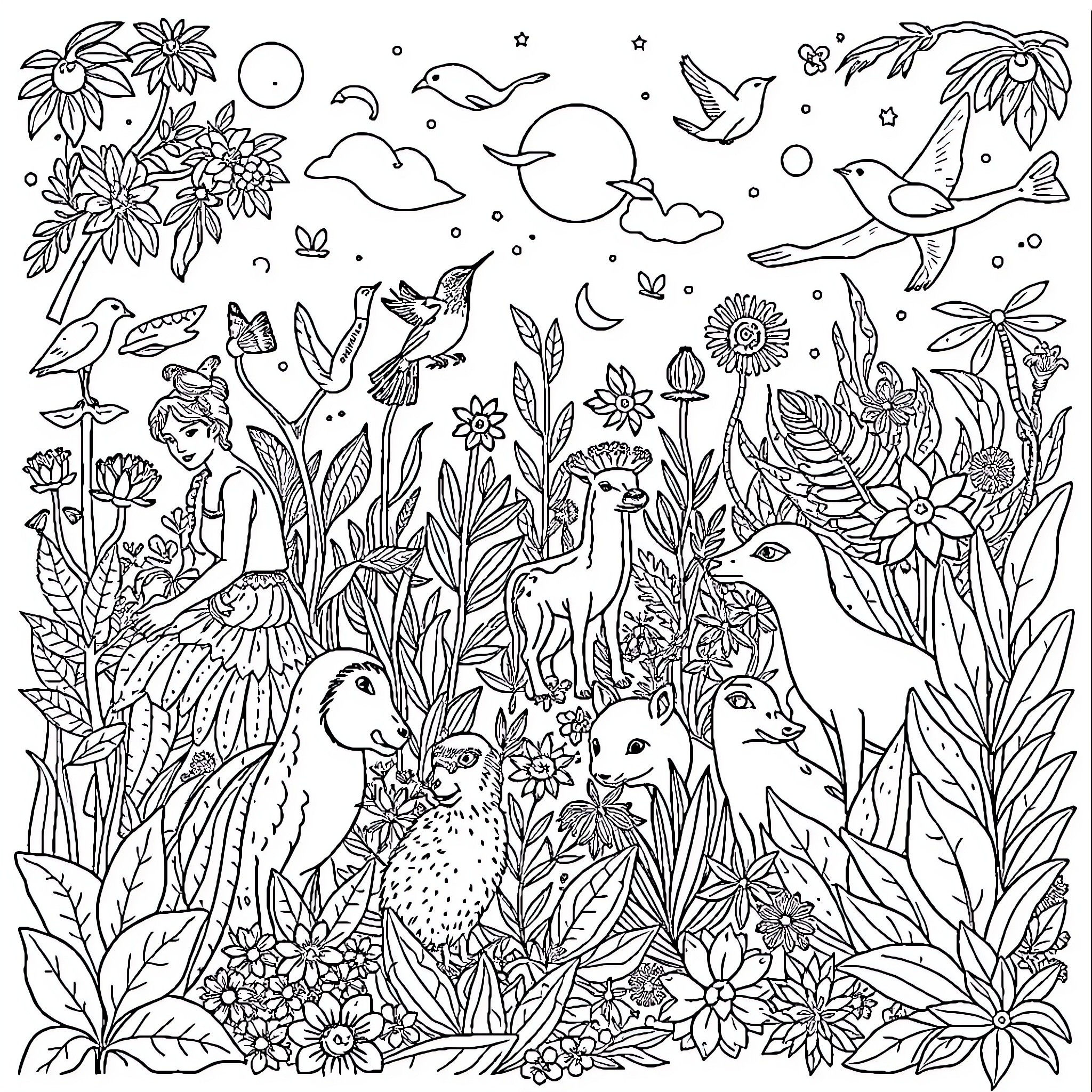 Living Beings in a Lush Garden Coloring Page (free black-and-white line drawing printable PDF for all, from beginners to advanced learners, including children, teens, adults, and seniors)