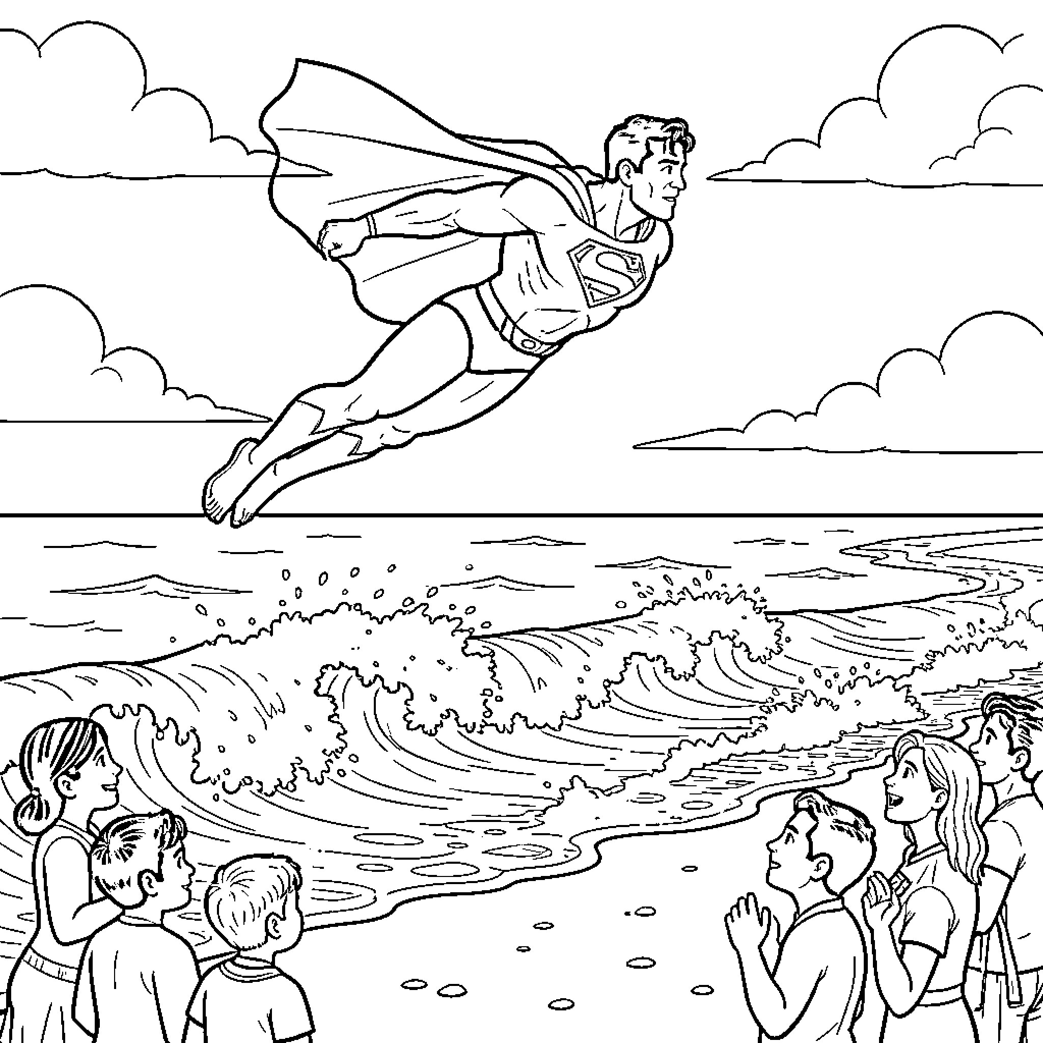 Superman soaring above the crowd in an action scene Coloring Page (free black-and-white line drawing printable PDF for all, from beginners to advanced learners, including children, teens, adults, and seniors)