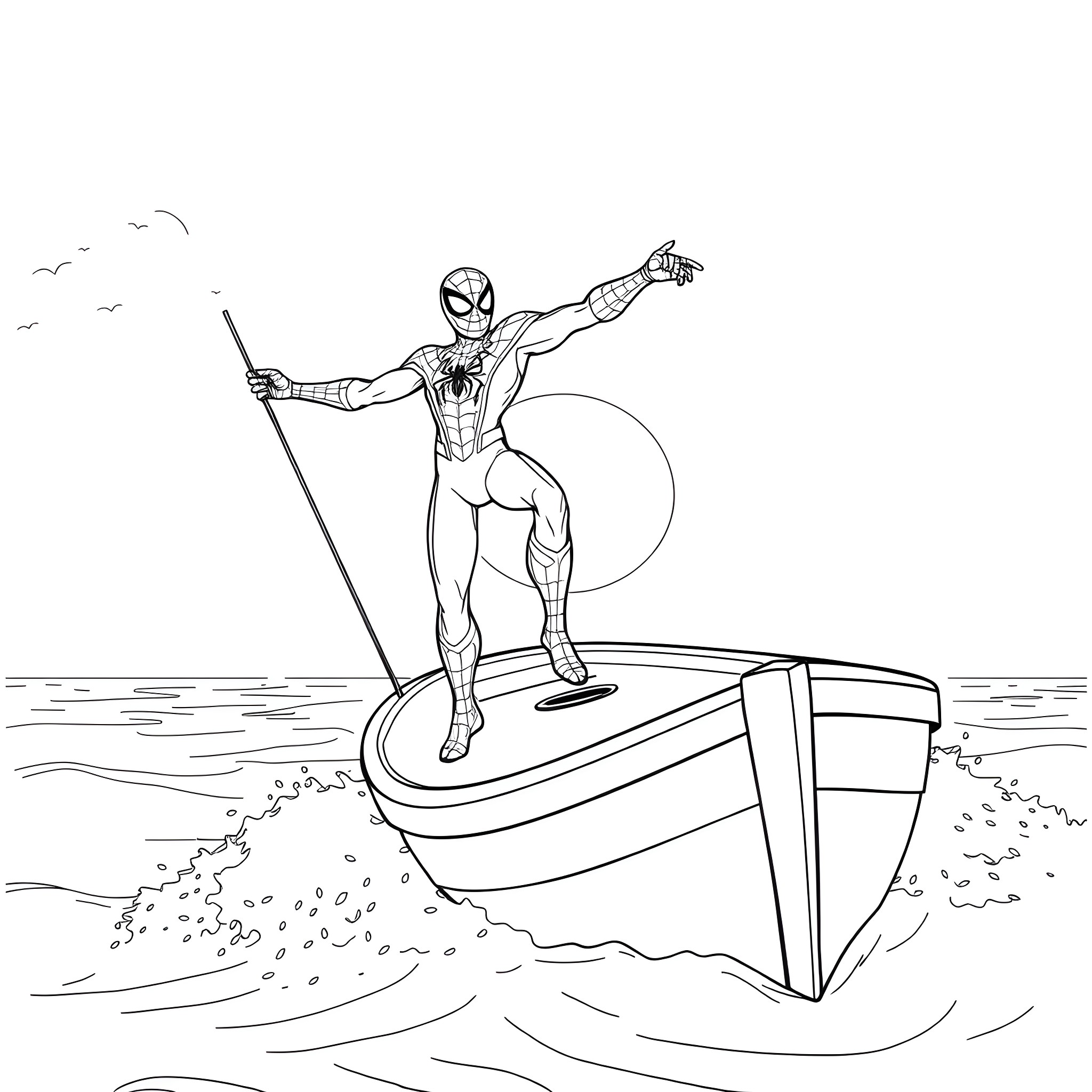Spiderman standing heroically on a boat Coloring Page (free black-and-white line drawing printable PDF for all, from beginners to advanced learners, including children, teens, adults, and seniors)