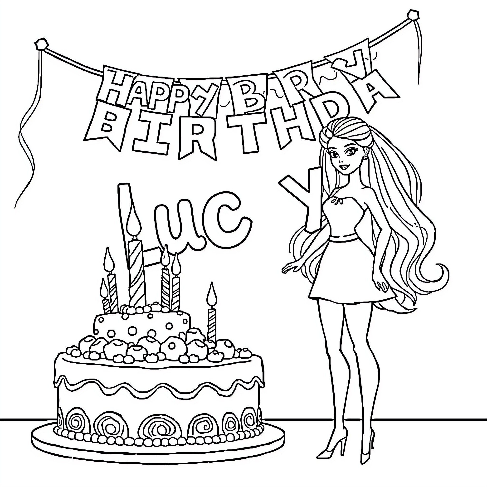 Barbie celebrating a birthday with cake and banner Coloring Page (free black-and-white line drawing printable PDF for all, from beginners to advanced learners, including children, teens, adults, and seniors)