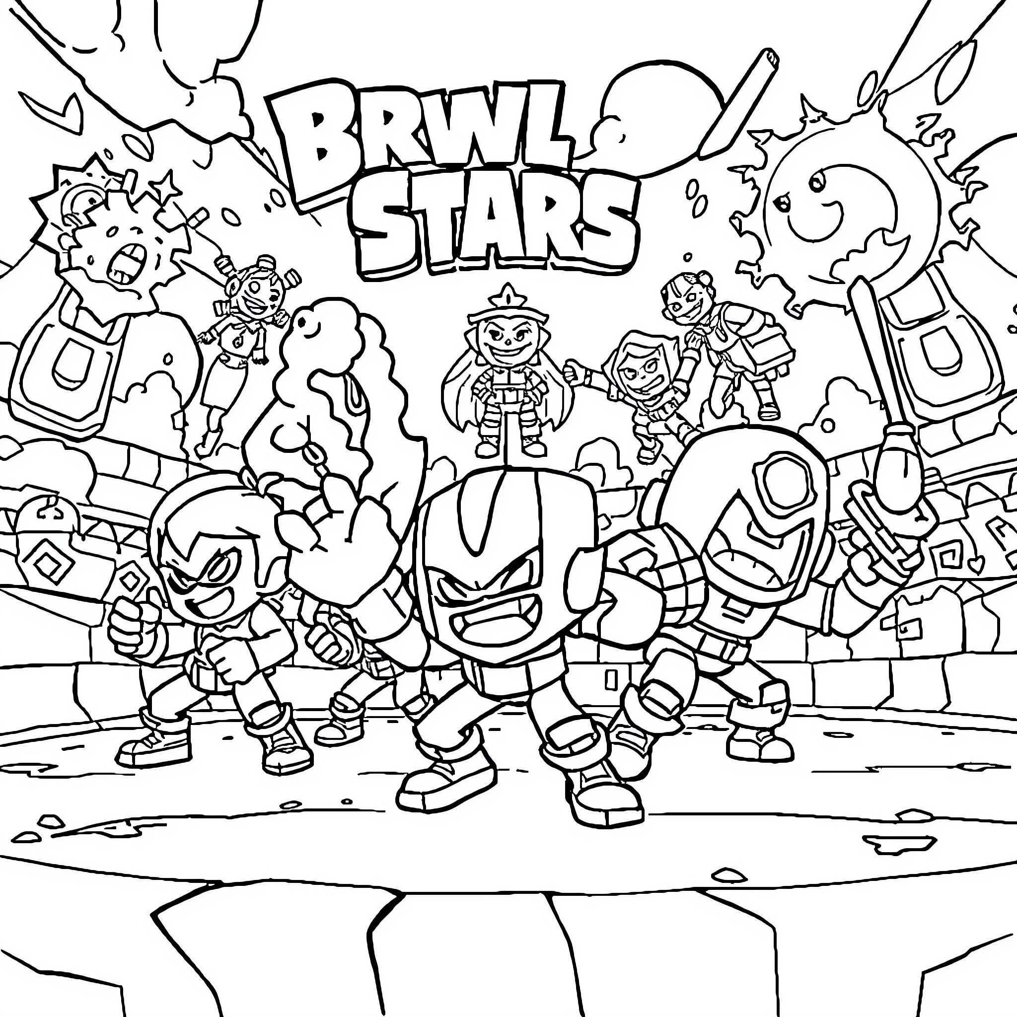 Brawl Stars: Characters in Animated Action Coloring Page (free black-and-white line drawing printable PDF for all, from beginners to advanced learners, including children, teens, adults, and seniors)