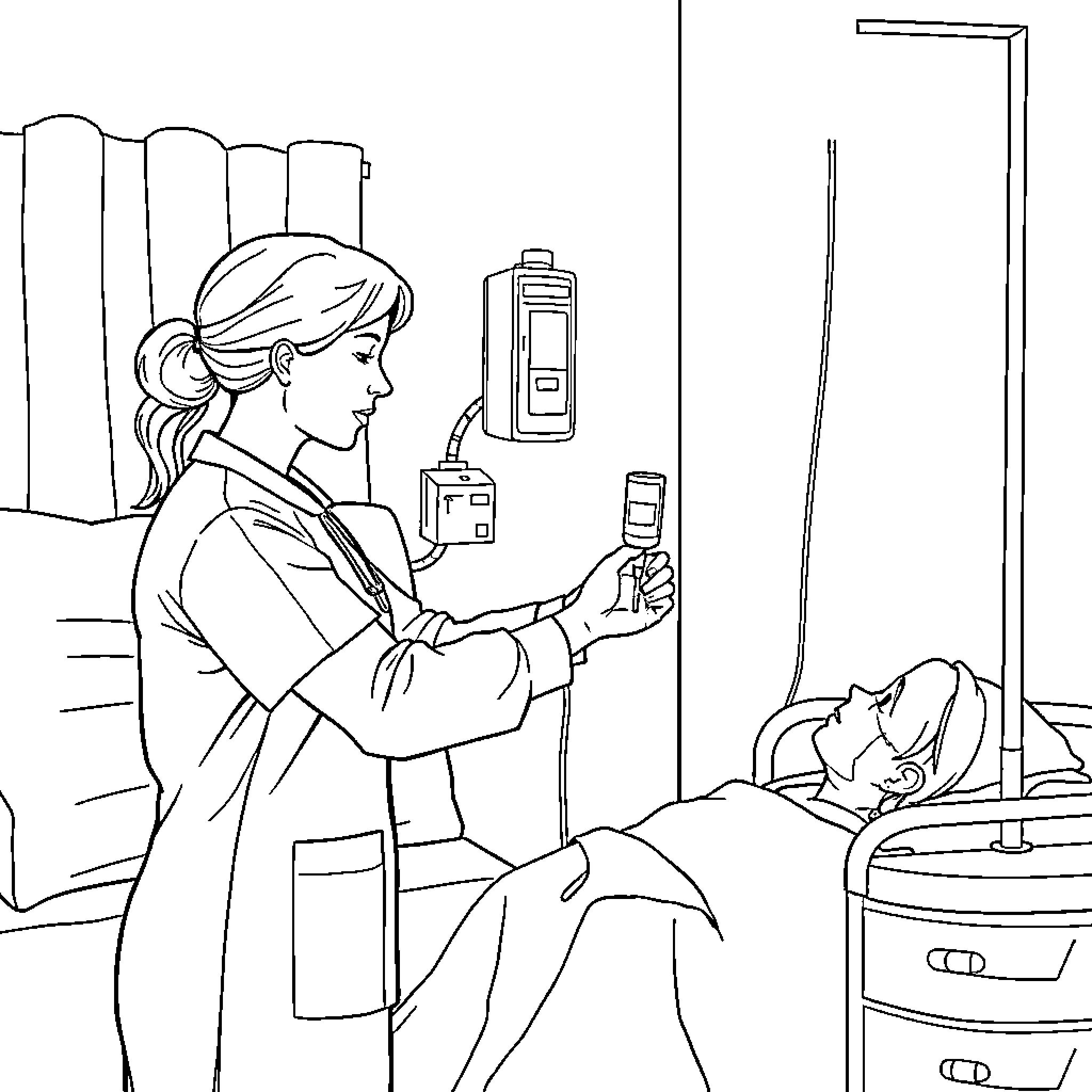 Nurse caring for a patient in hospital Coloring Page (free black-and-white line drawing printable PDF for all, from beginners to advanced learners, including children, teens, adults, and seniors)