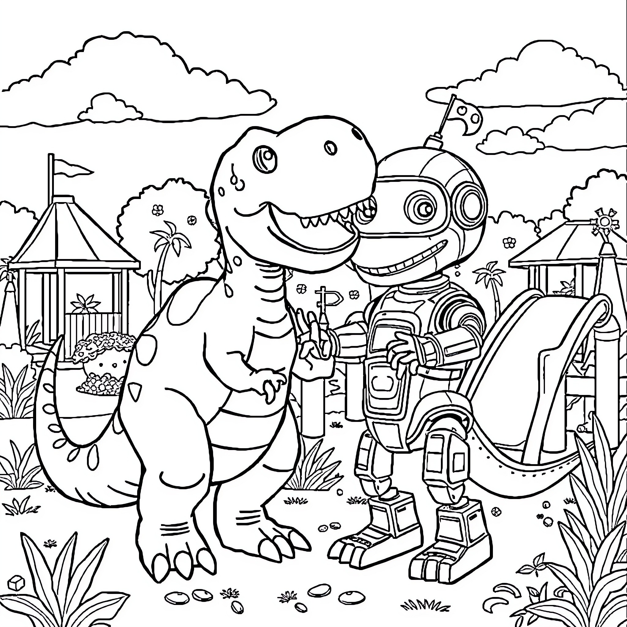 Dinosaur and Robot Exploring Carnival Park Coloring Page (free black-and-white line drawing printable PDF for all, from beginners to advanced learners, including children, teens, adults, and seniors)