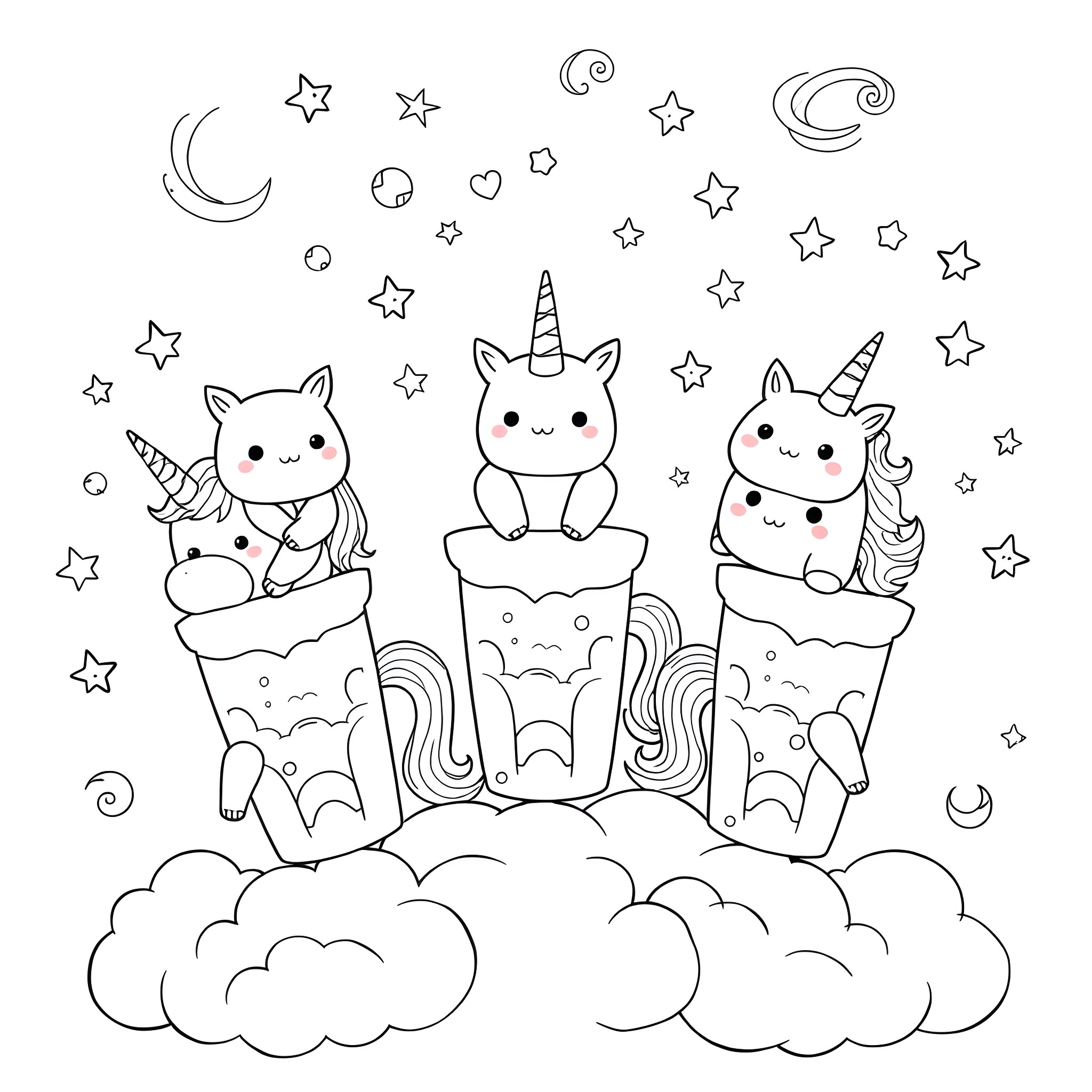 Squishmallow unicorn friends enjoying a whimsical scene Coloring Page (free black-and-white line drawing printable PDF for all, from beginners to advanced learners, including children, teens, adults, and seniors)