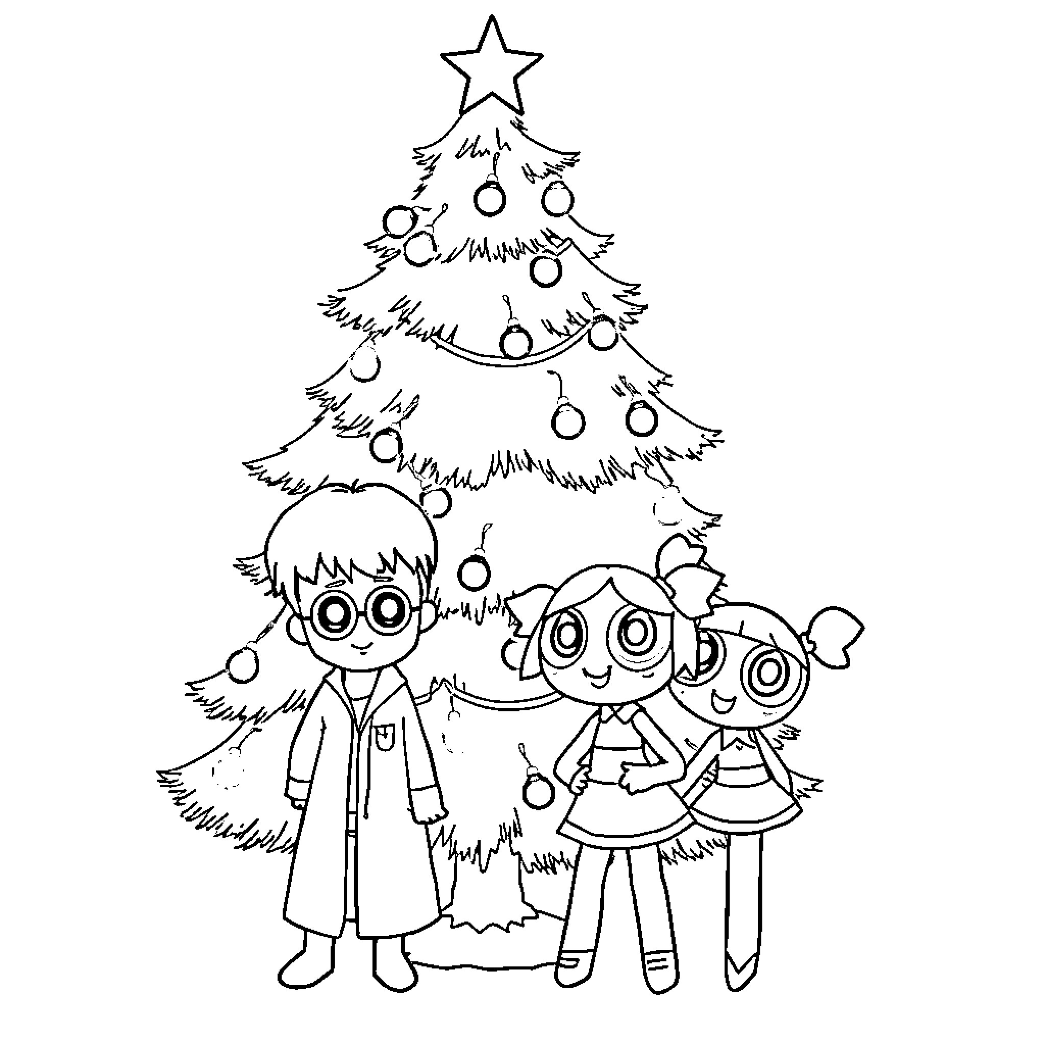 Christmas Tree with Cartoon Characters Coloring Page (free black-and-white line drawing printable PDF for all, from beginners to advanced learners, including children, teens, adults, and seniors)