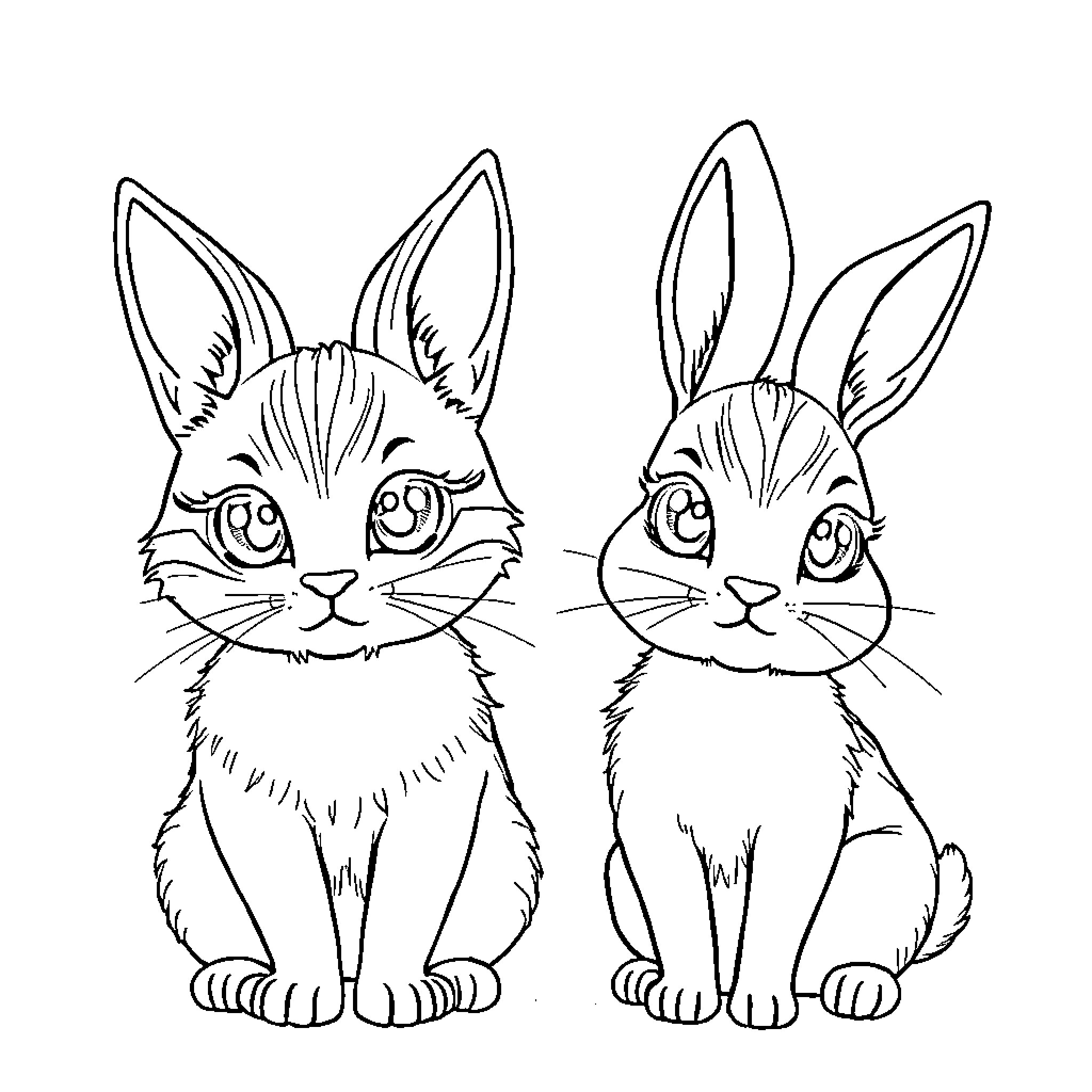 Animeau Curious Bunnies Sitting Playfully Coloring Page (free black-and-white line drawing printable PDF for all, from beginners to advanced learners, including children, teens, adults, and seniors)