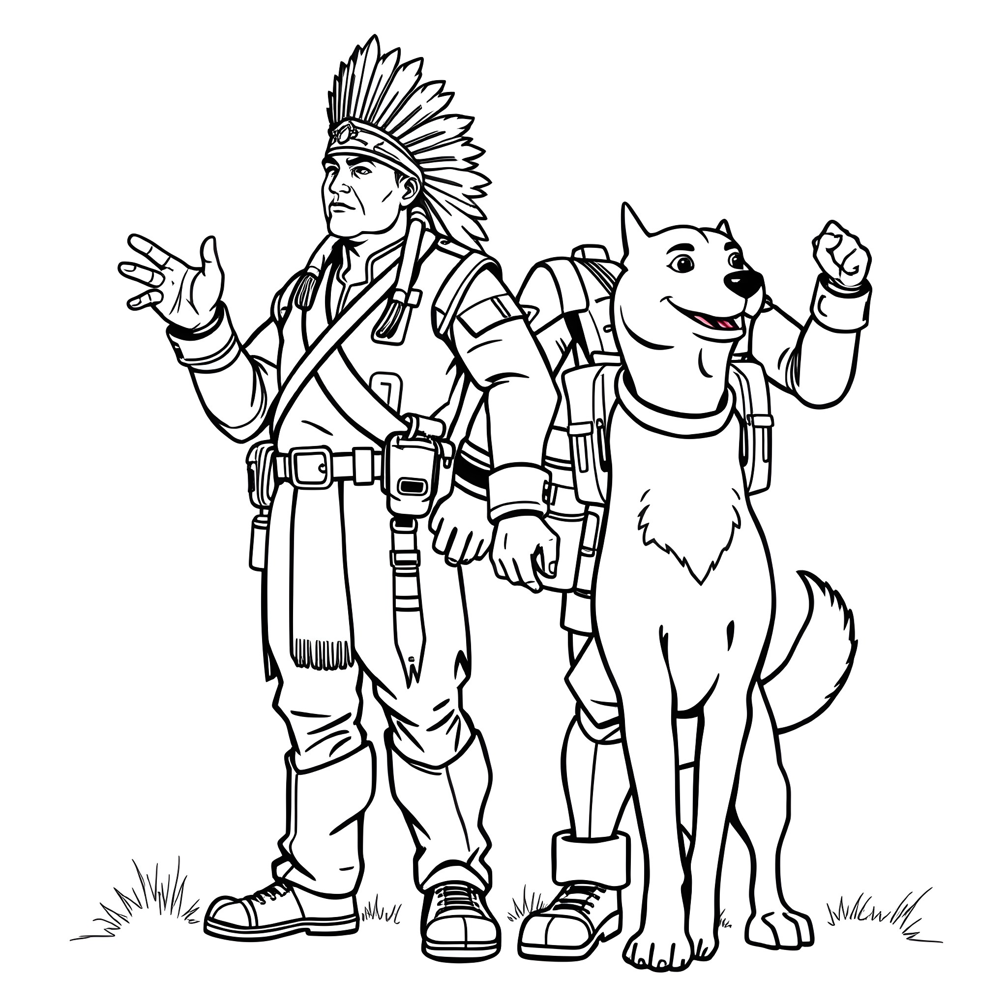 Chief and his Loyal Canine Companion Coloring Page (free black-and-white line drawing printable PDF for all, from beginners to advanced learners, including children, teens, adults, and seniors)
