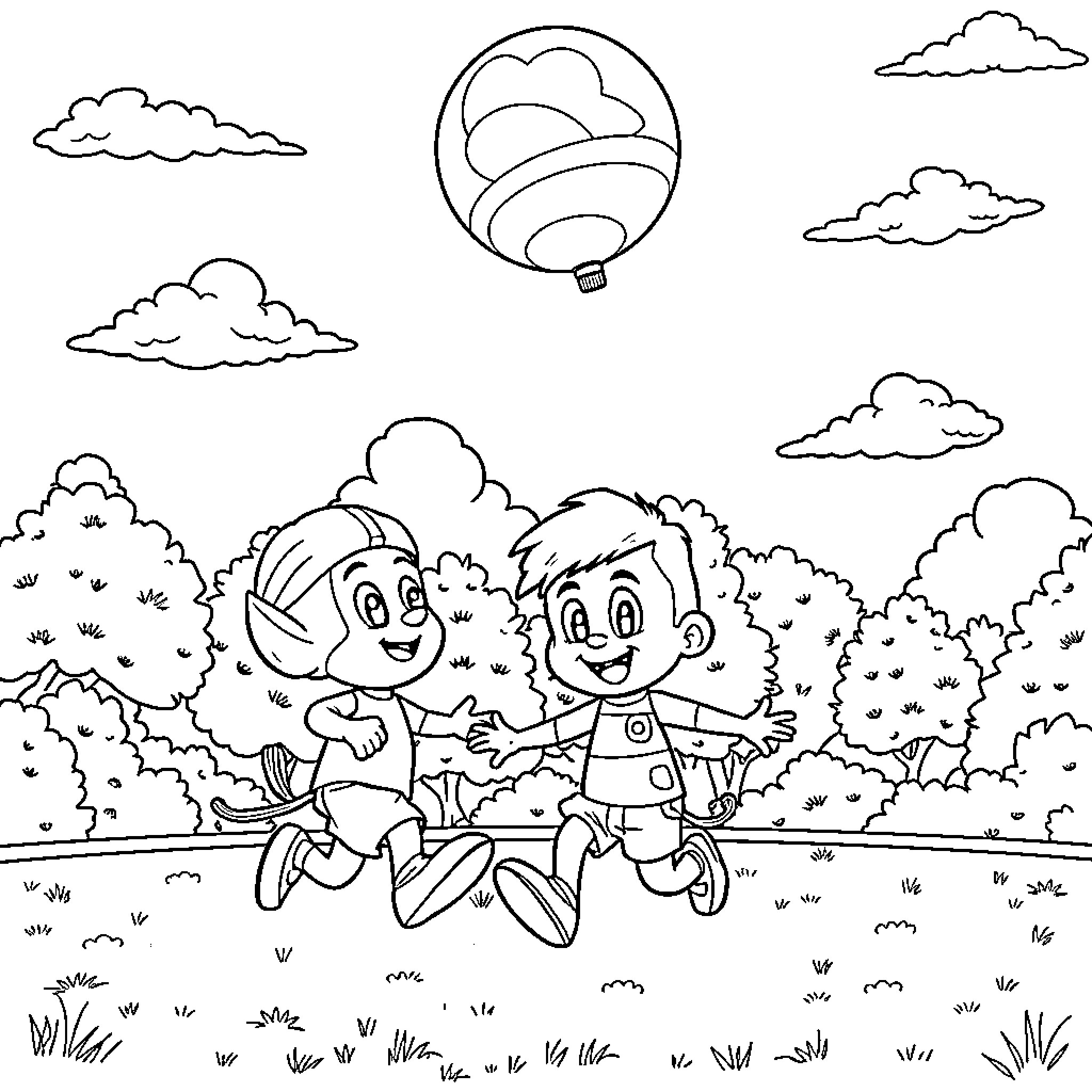 Bluey and friends playing together in the park Coloring Page (free black-and-white line drawing printable PDF for all, from beginners to advanced learners, including children, teens, adults, and seniors)