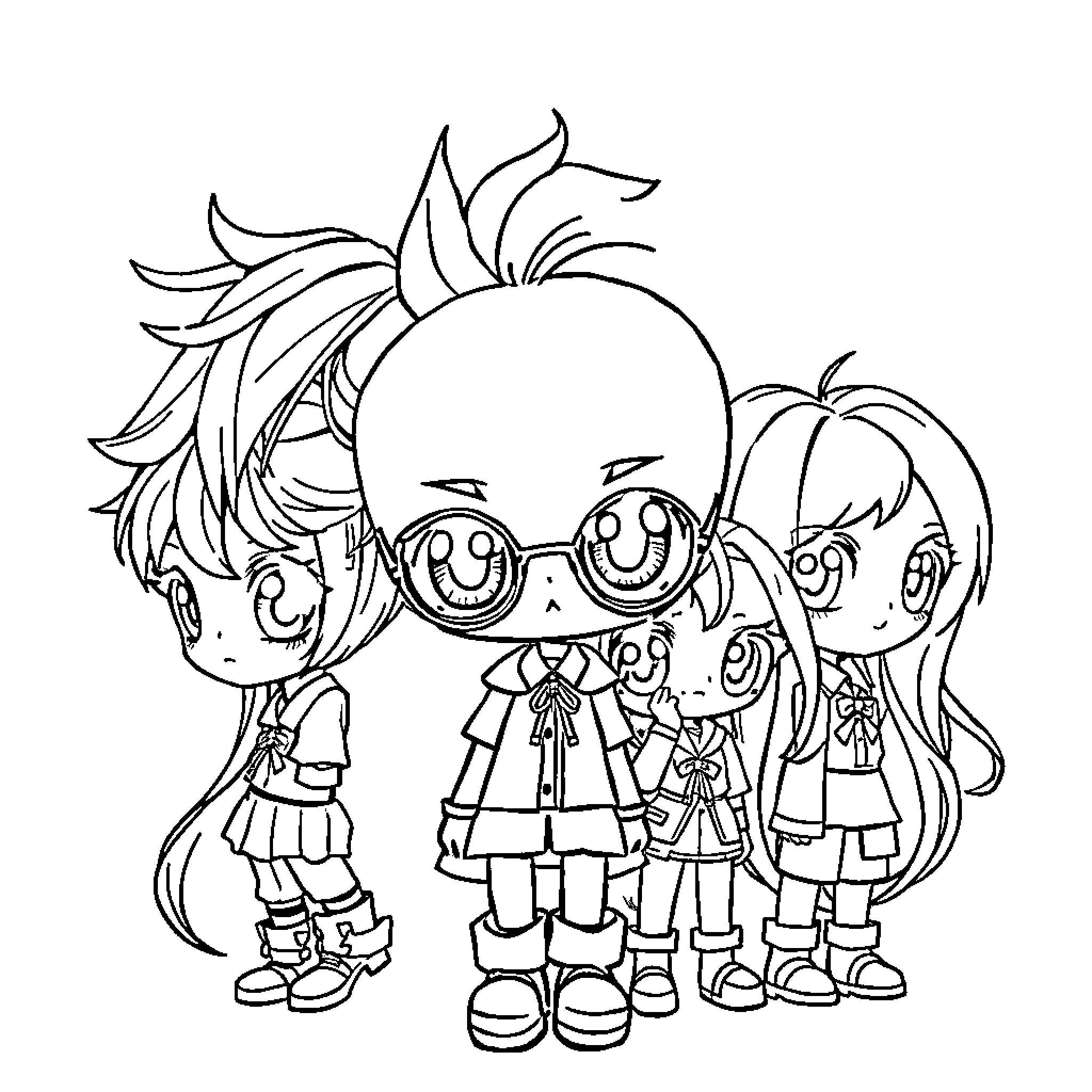 Anime characters in playful outfits with expressive faces Coloring Page (free black-and-white line drawing printable PDF for all, from beginners to advanced learners, including children, teens, adults, and seniors)