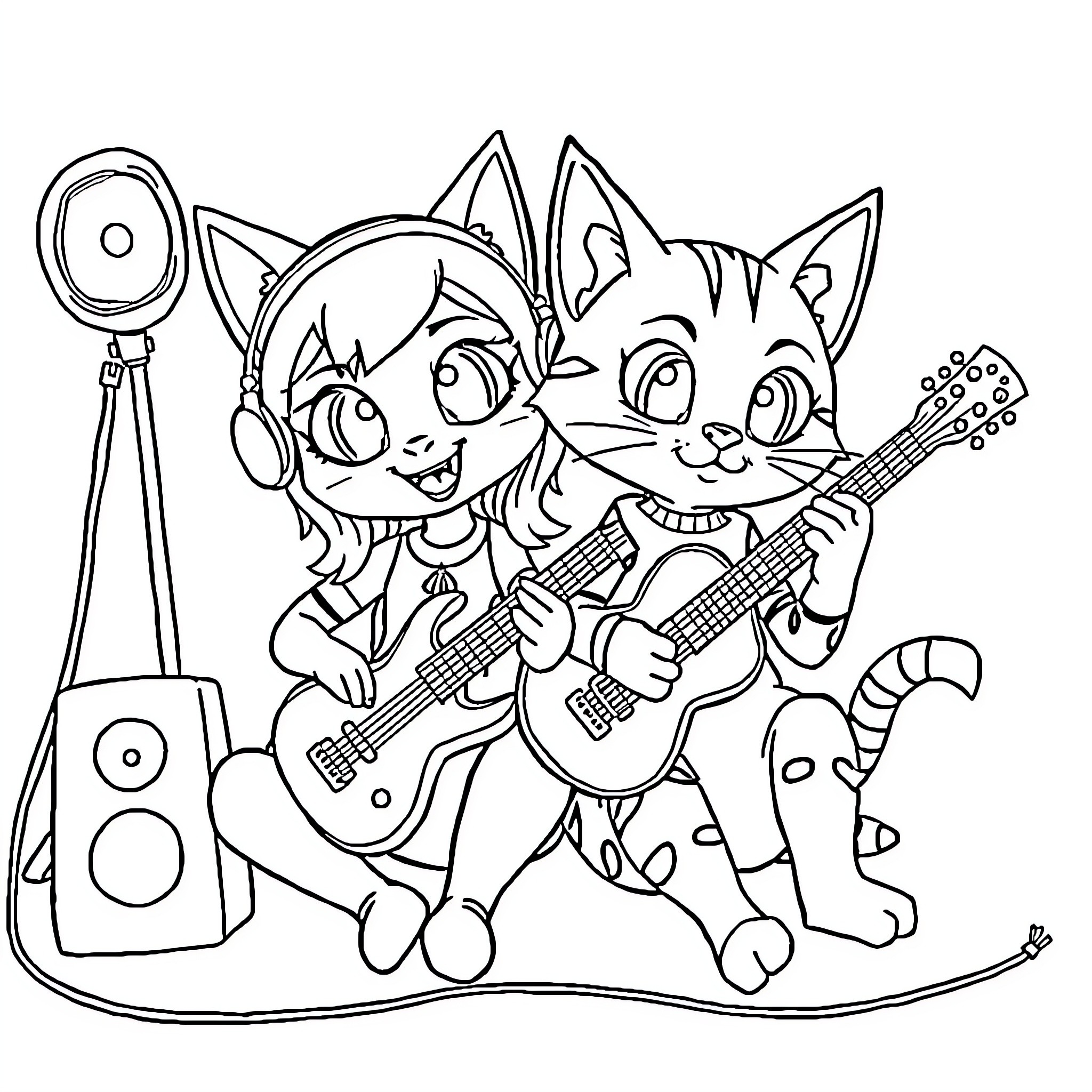 Gabby's Lively Musical Performance Coloring Page (free black-and-white line drawing printable PDF for all, from beginners to advanced learners, including children, teens, adults, and seniors)