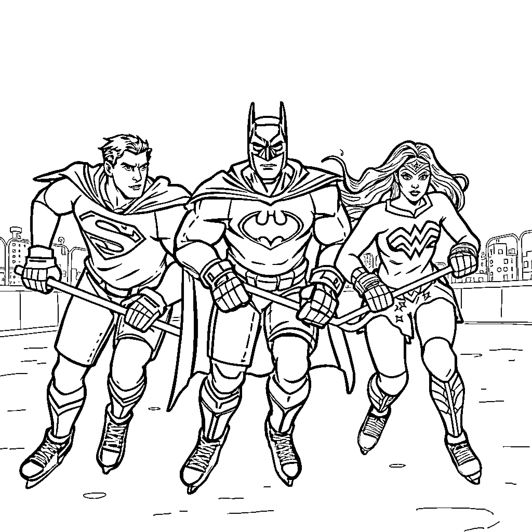 Justice League Heroes in Action Poses Coloring Page (free black-and-white line drawing printable PDF for all, from beginners to advanced learners, including children, teens, adults, and seniors)