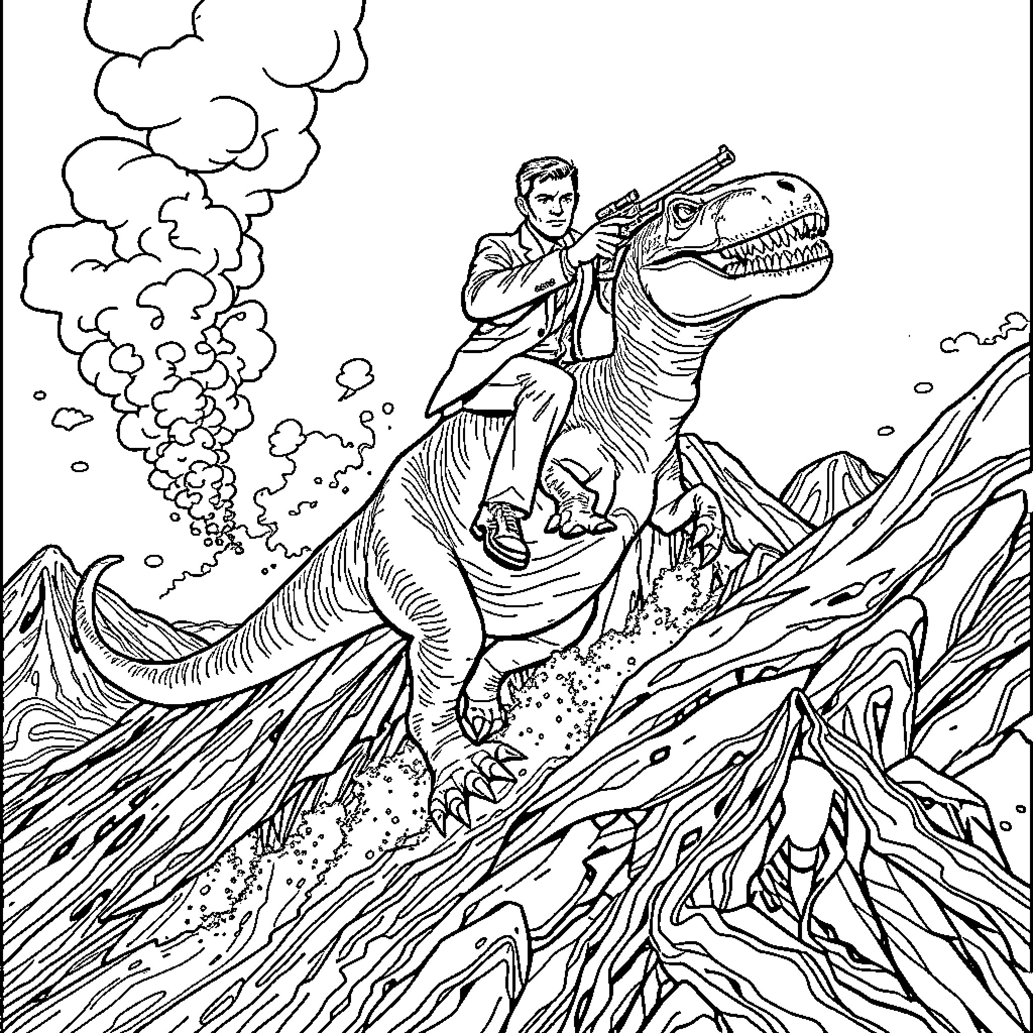 James Bond rides a dinosaur through the mountains Coloring Page (free black-and-white line drawing printable PDF for all, from beginners to advanced learners, including children, teens, adults, and seniors)