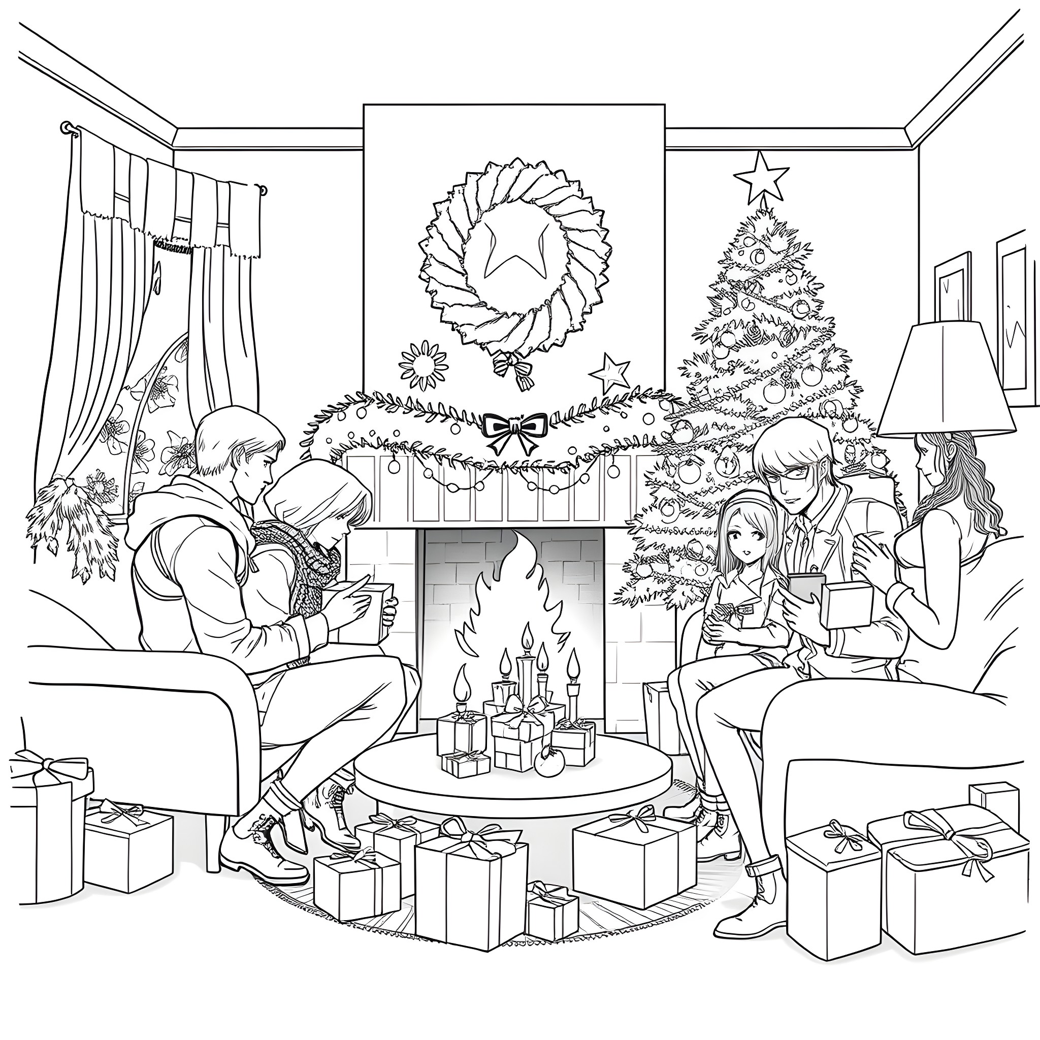 Resident Evil characters celebrating Christmas together Coloring Page (free black-and-white line drawing printable PDF for all, from beginners to advanced learners, including children, teens, adults, and seniors)