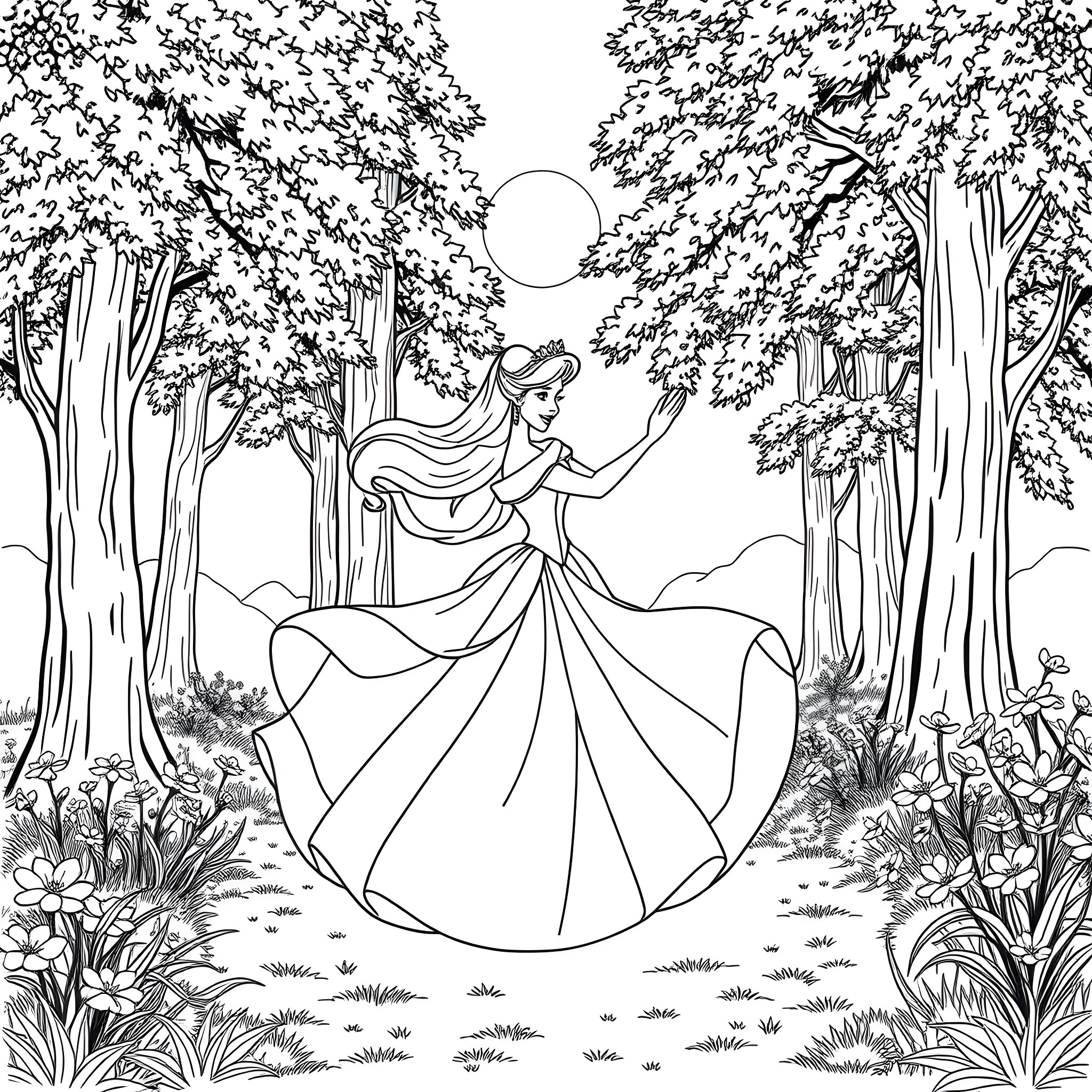 Sleeping Beauty dances gracefully in the enchanted forest Coloring Page (free black-and-white line drawing printable PDF for all, from beginners to advanced learners, including children, teens, adults, and seniors)