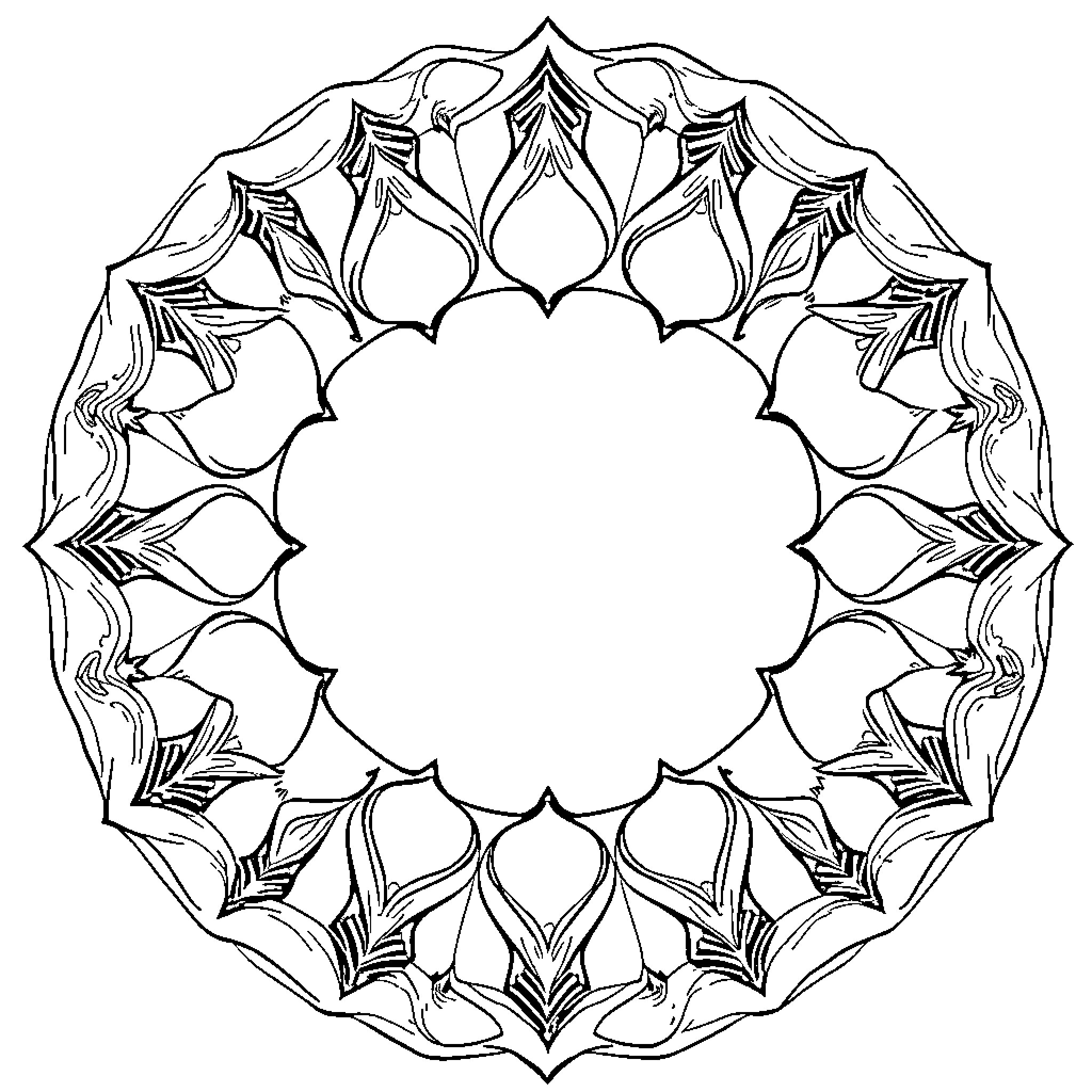 Abstract symmetrical floral pattern Coloring Page (free black-and-white line drawing printable PDF for all, from beginners to advanced learners, including children, teens, adults, and seniors)