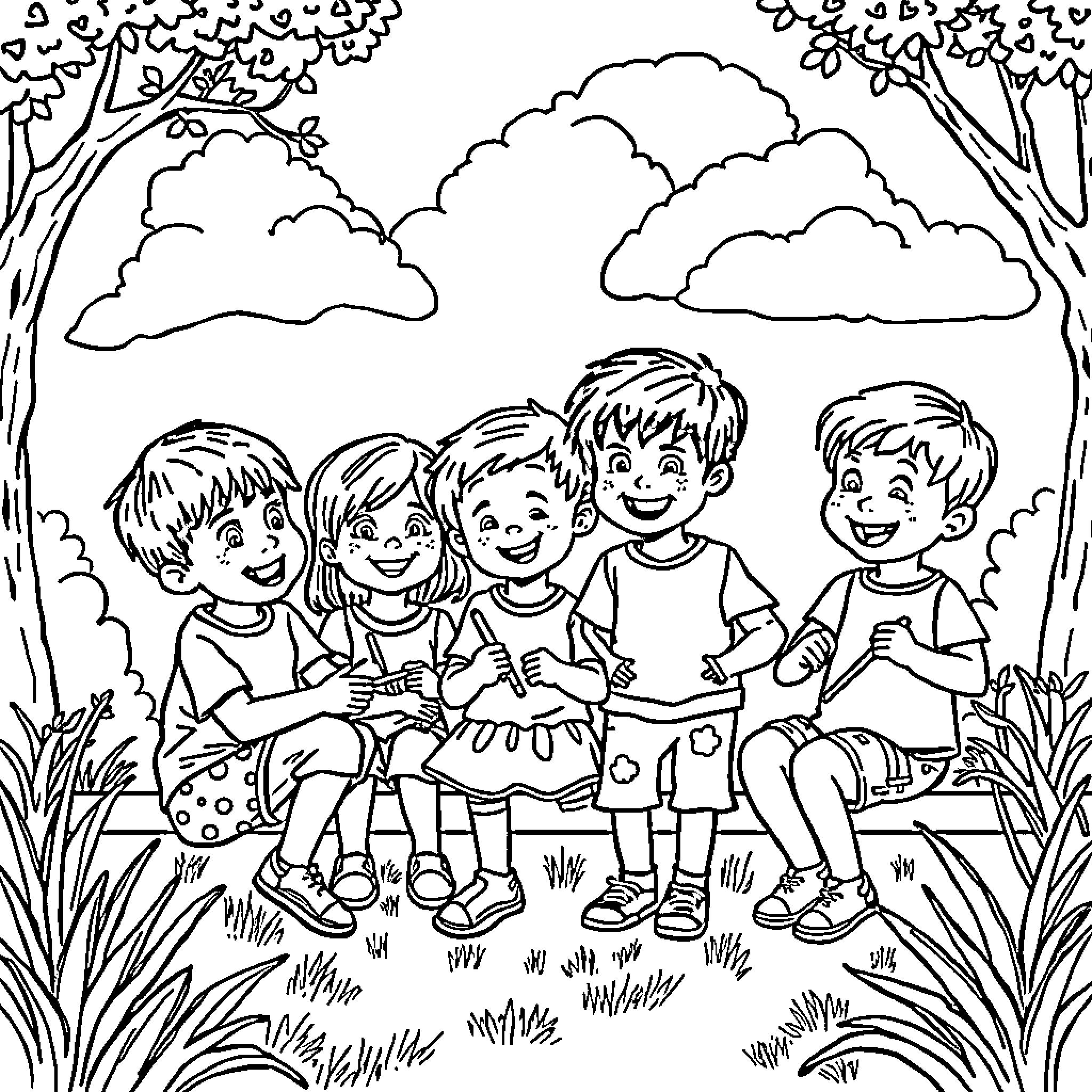 Kids enjoying nature and friendship in the outdoors Coloring Page (free black-and-white line drawing printable PDF for all, from beginners to advanced learners, including children, teens, adults, and seniors)